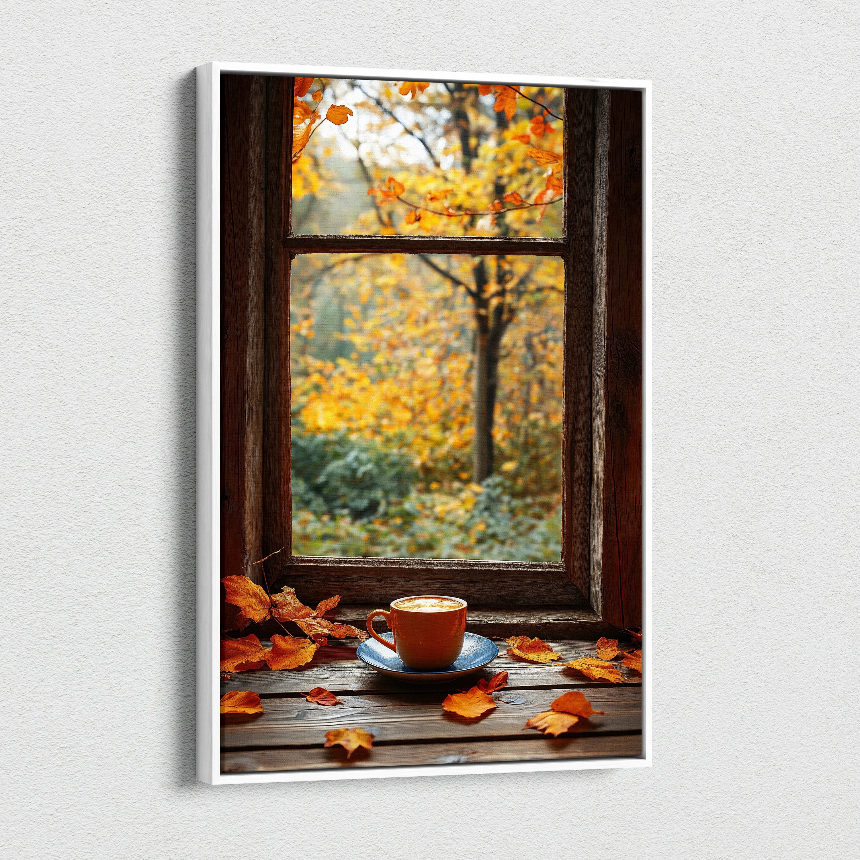Vertical canvas wall art featuring a steaming coffee cup on a wooden windowsill with autumn leaves and vibrant fall trees.
