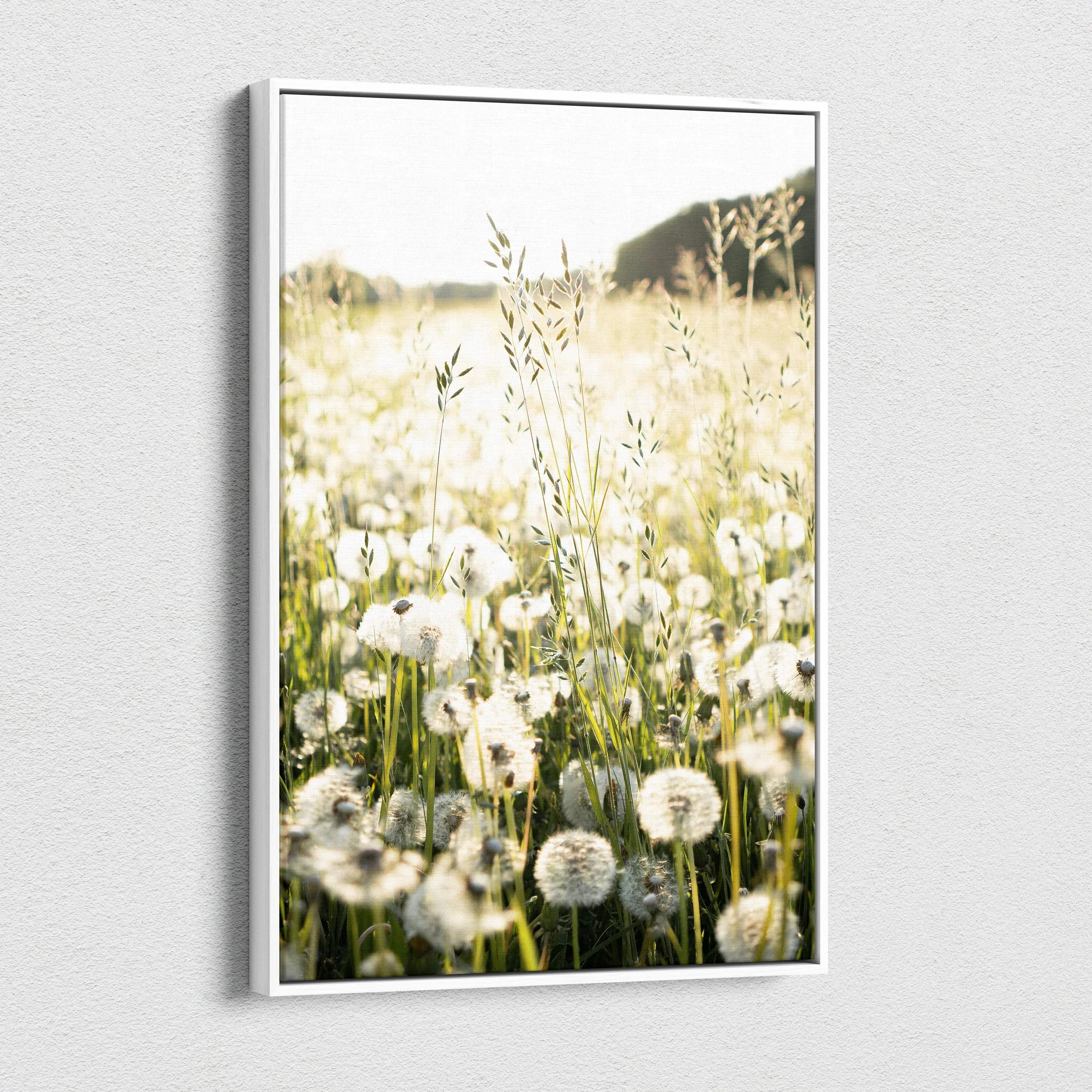 Vertical canvas wall art featuring soft-focused dandelions in a sunlit field with warm tones.