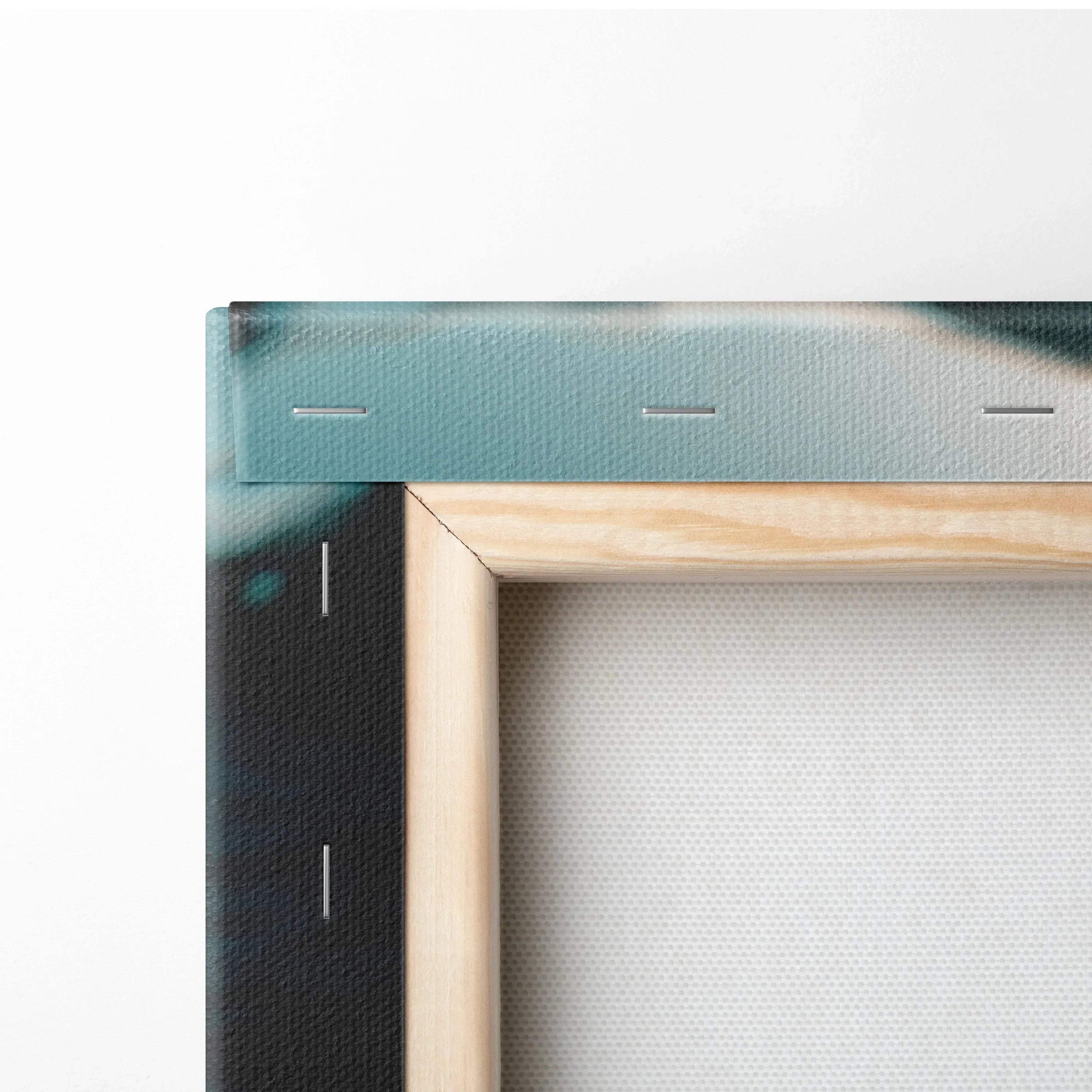 Close-up of wooden frame and canvas texture of vertical ocean seascape wall art print.