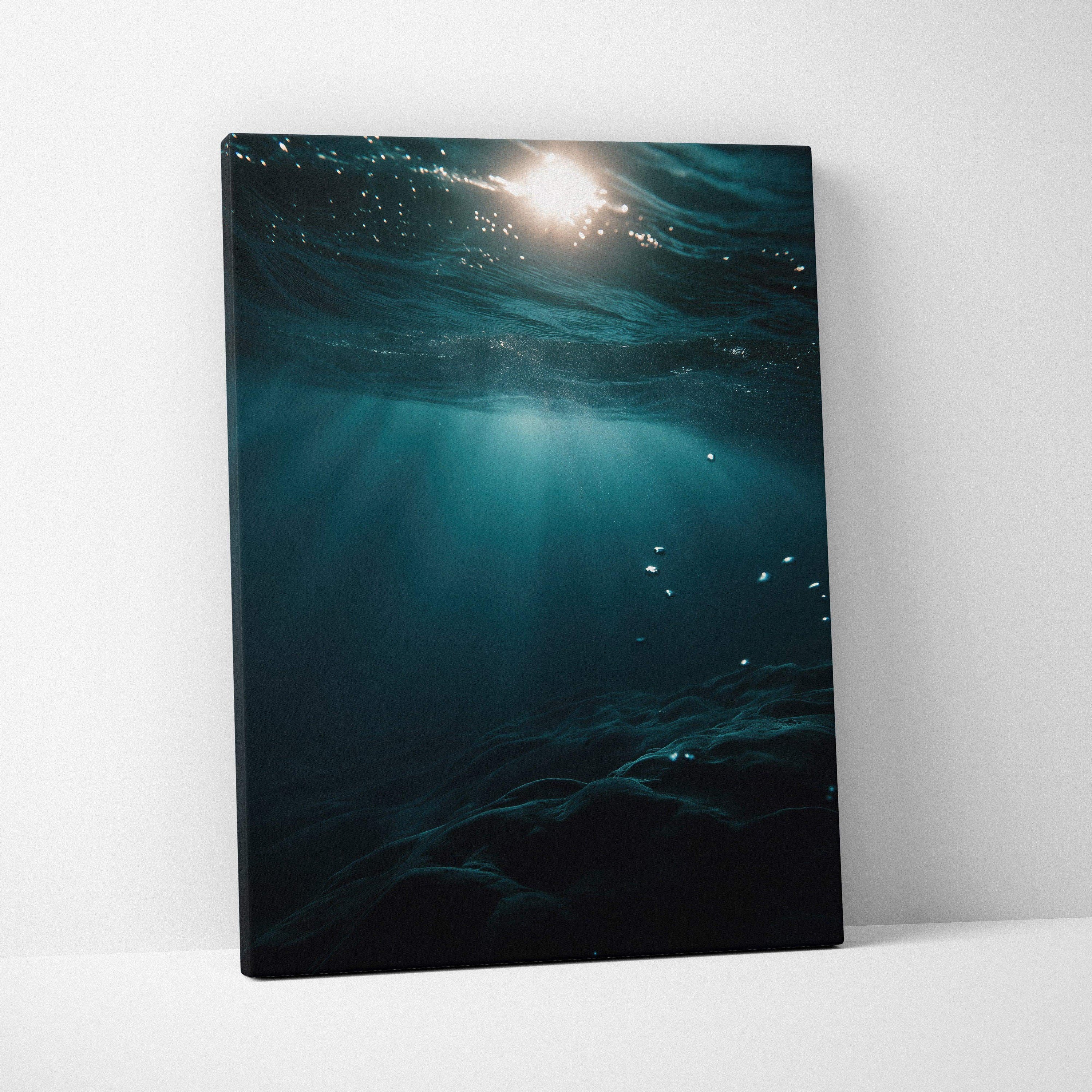 Tranquil ocean seascape with sunlight filtering through water on canvas wall art.