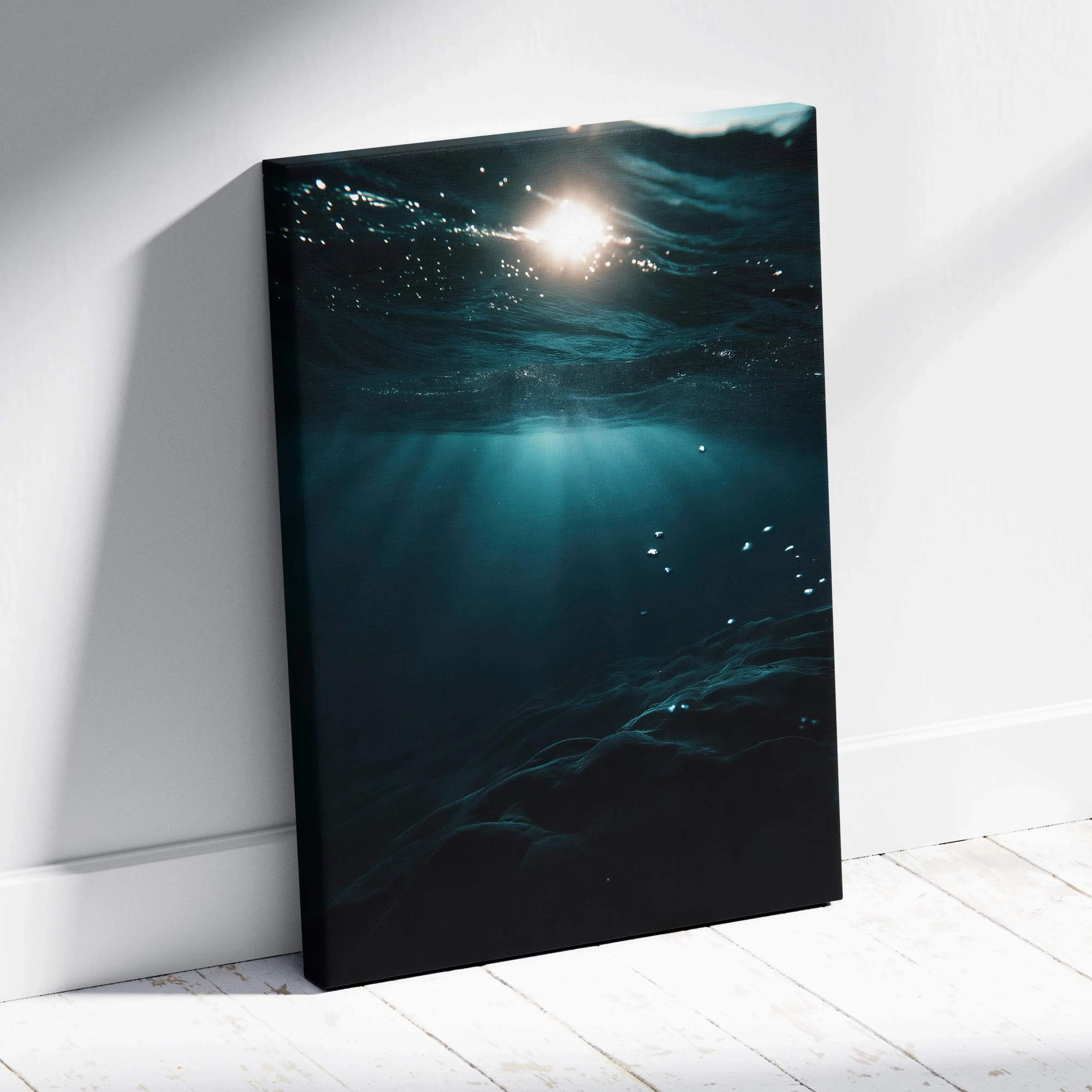 Ocean scene with sunlight piercing deep blue water, serene digital art canvas wall art.