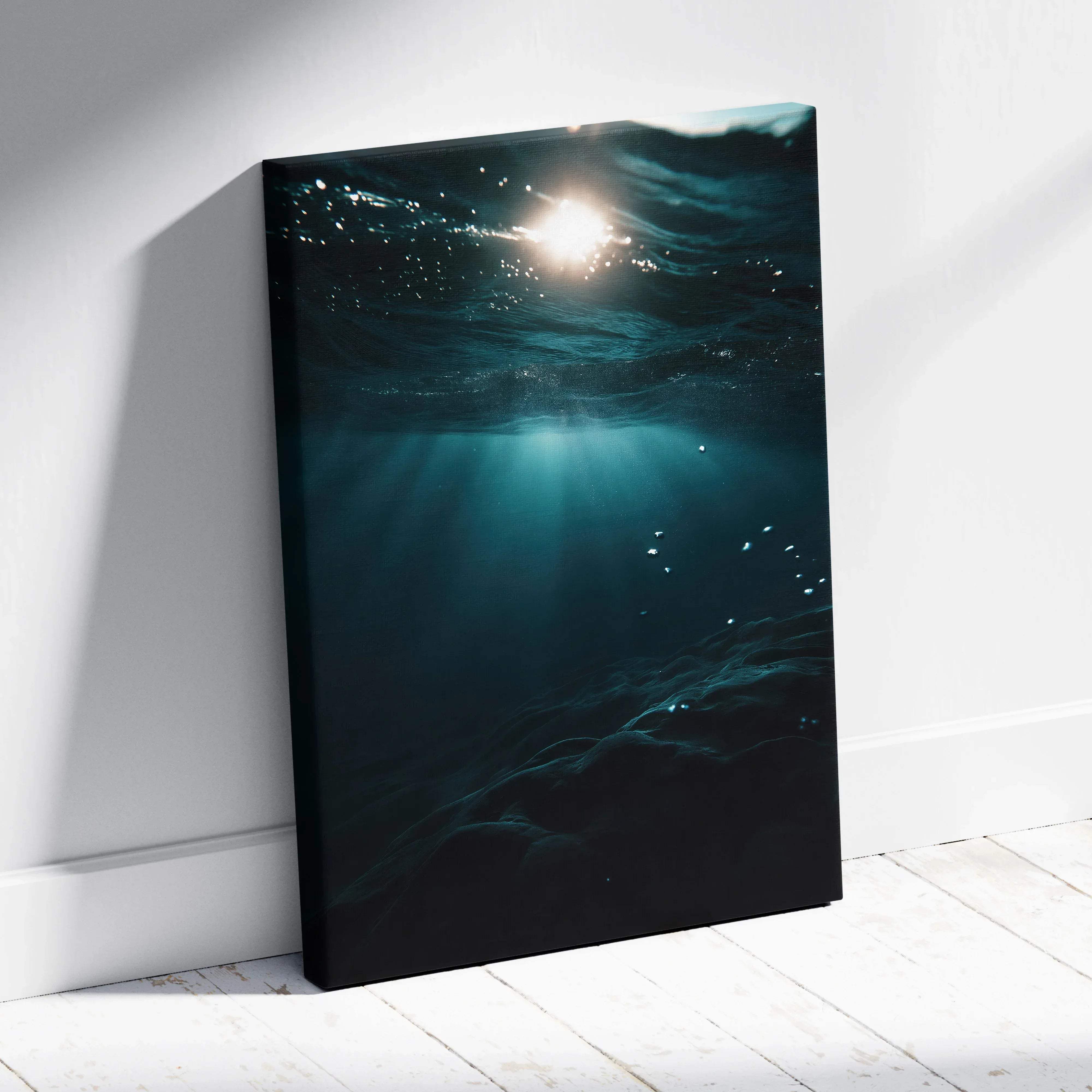 Serene underwater ocean seascape canvas wall art with sunlight piercing deep teal and black hues on canvas material