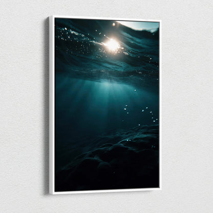 Vertical canvas wall art featuring sunlit ocean waves with deep blue tones and light reflections.