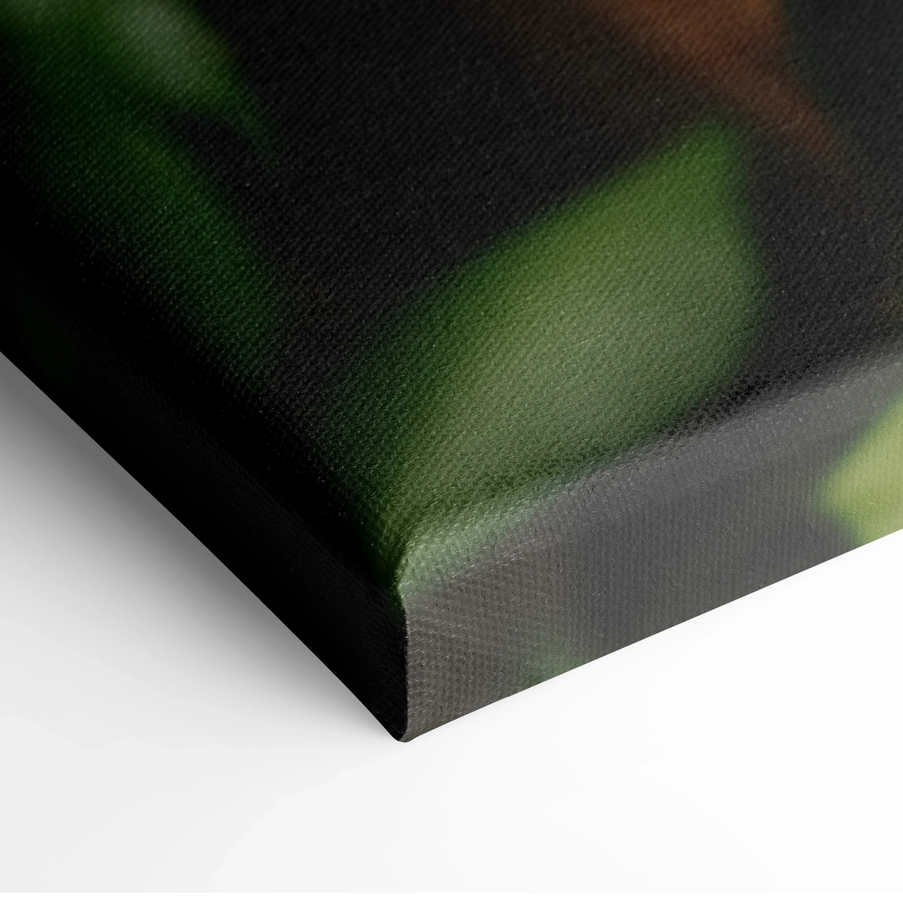 Close-up of corner detail on canvas wall art with soft green and brown hues and textured finish.