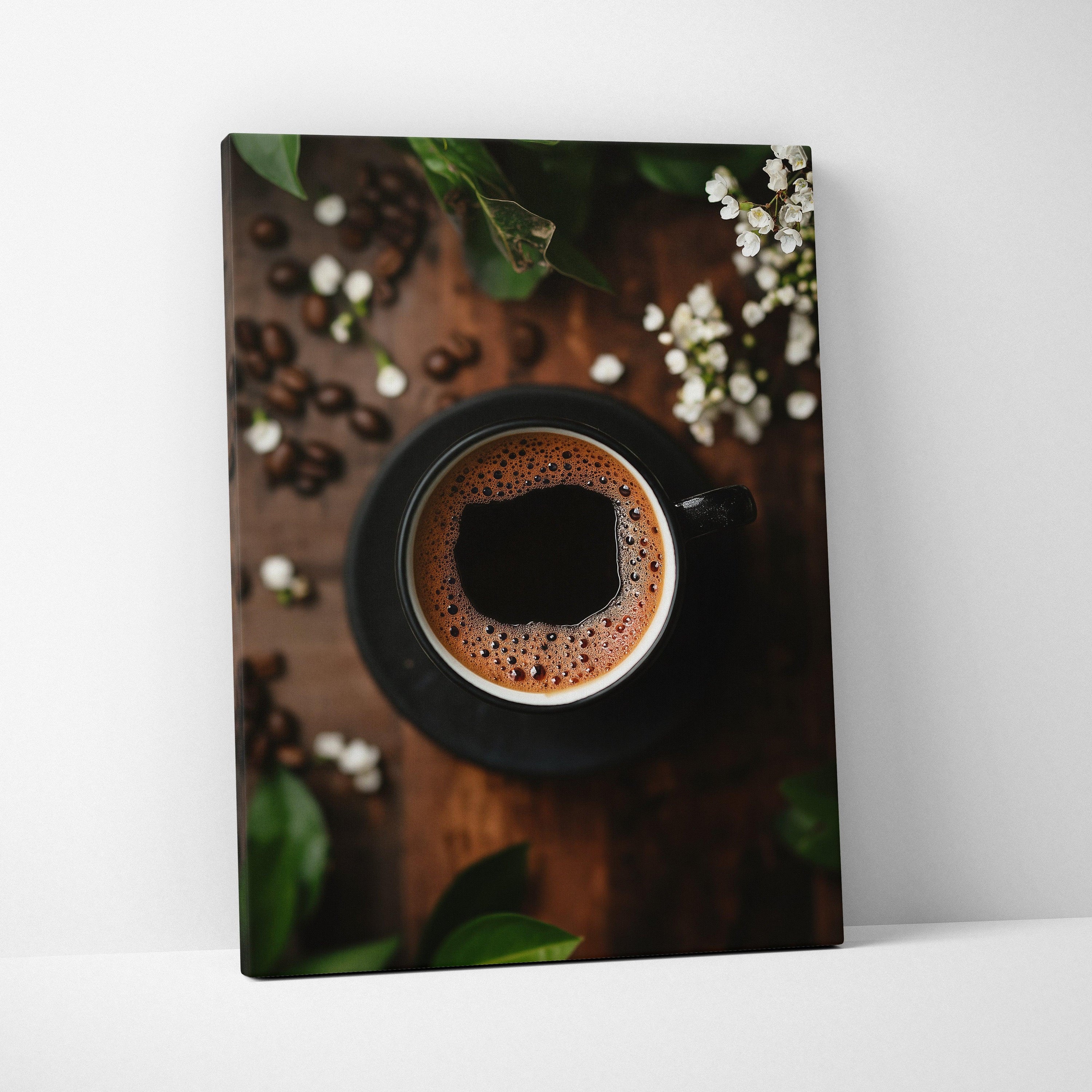 Coffee cup close-up canvas wall art with dark wooden background and green leaves accents.