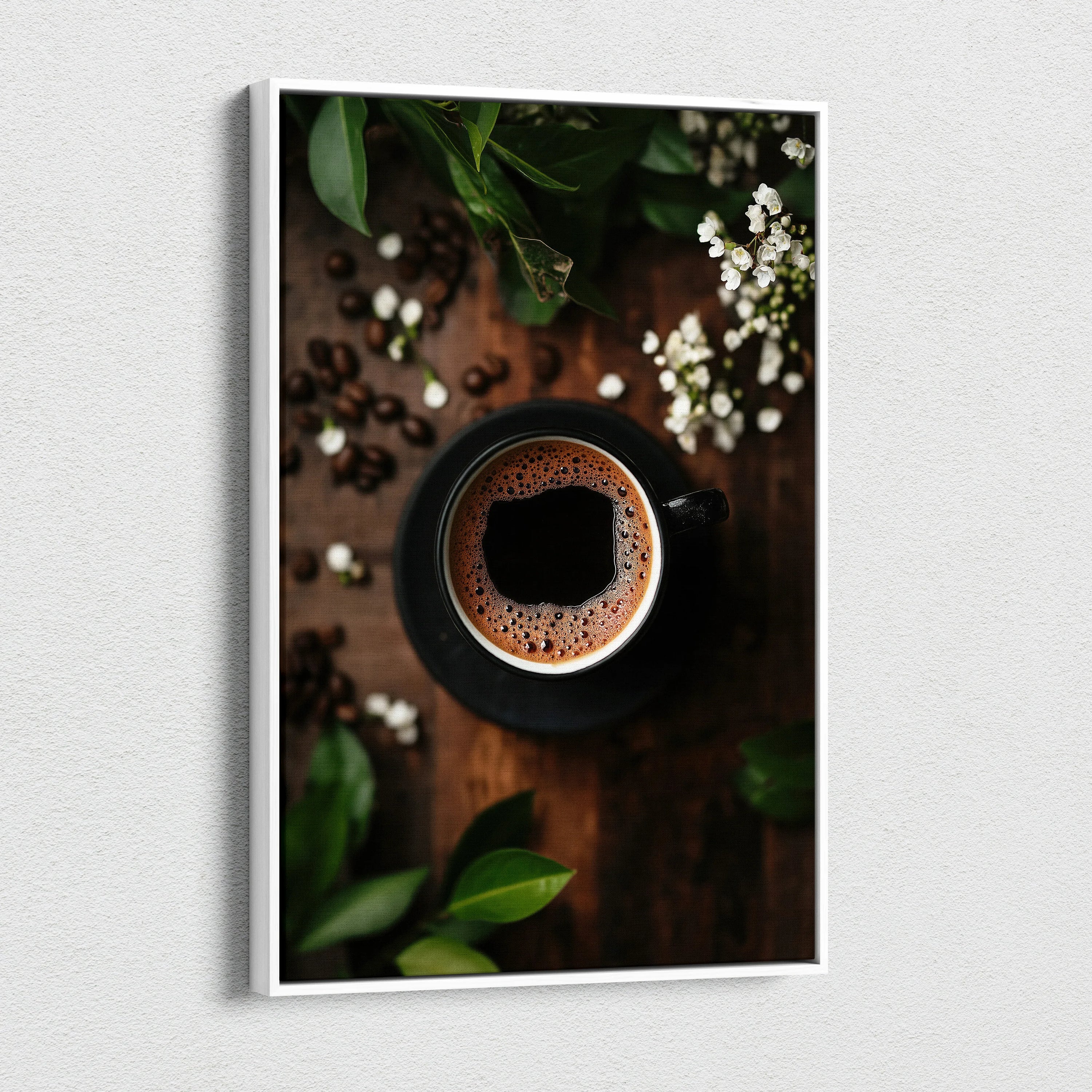 Vertical coffee cup with foam art on dark wood background canvas wall art print.
