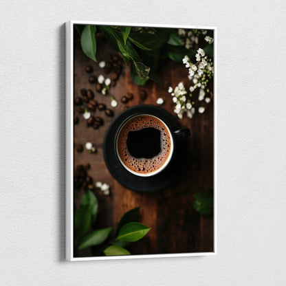 Vertical coffee cup with foam art on dark wood background canvas wall art print.