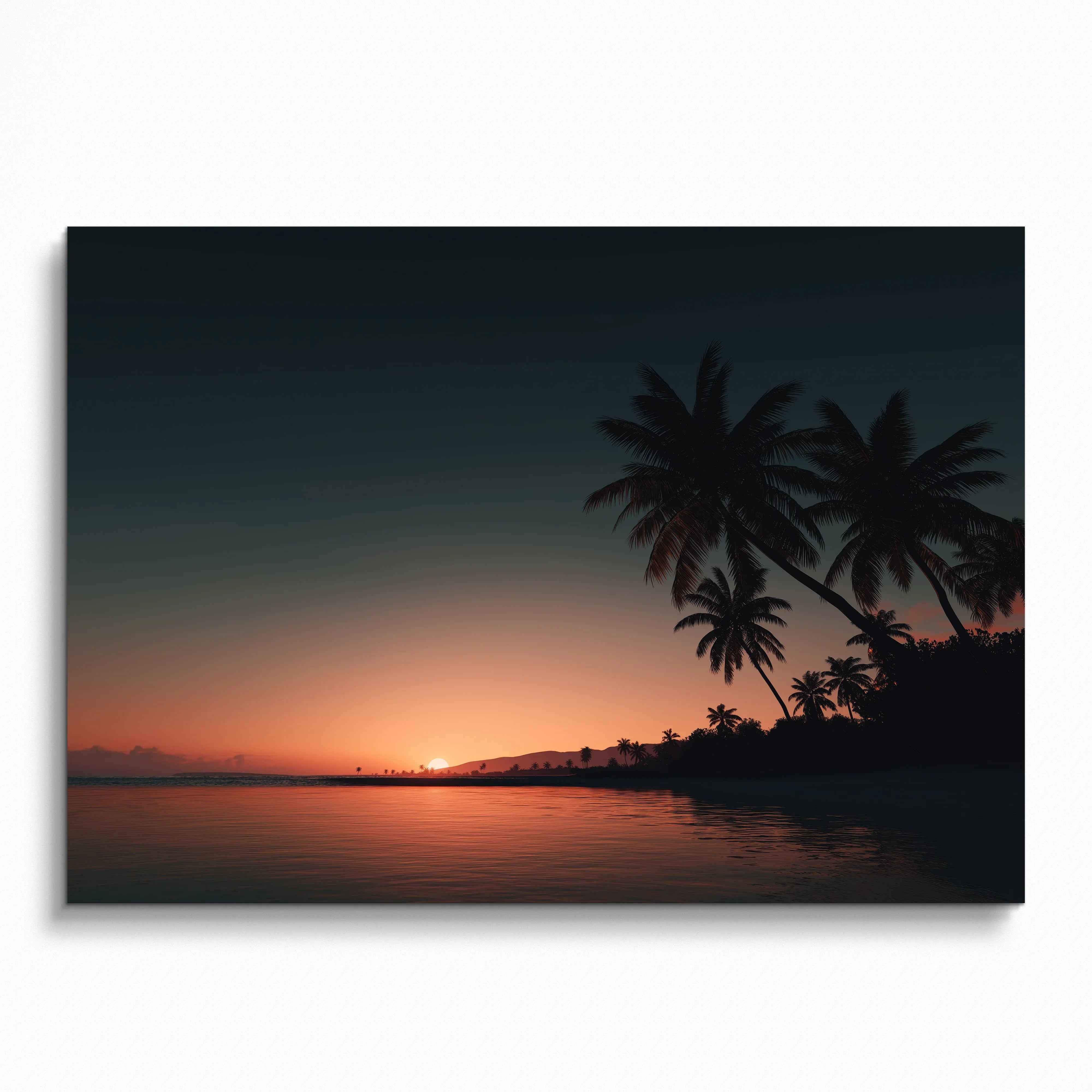 Sunset over calm ocean with silhouetted palm trees, digital art poster for wall art decor.