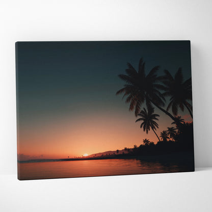 Canvas wall art of serene sunset over beach with silhouetted palm trees and calm water.