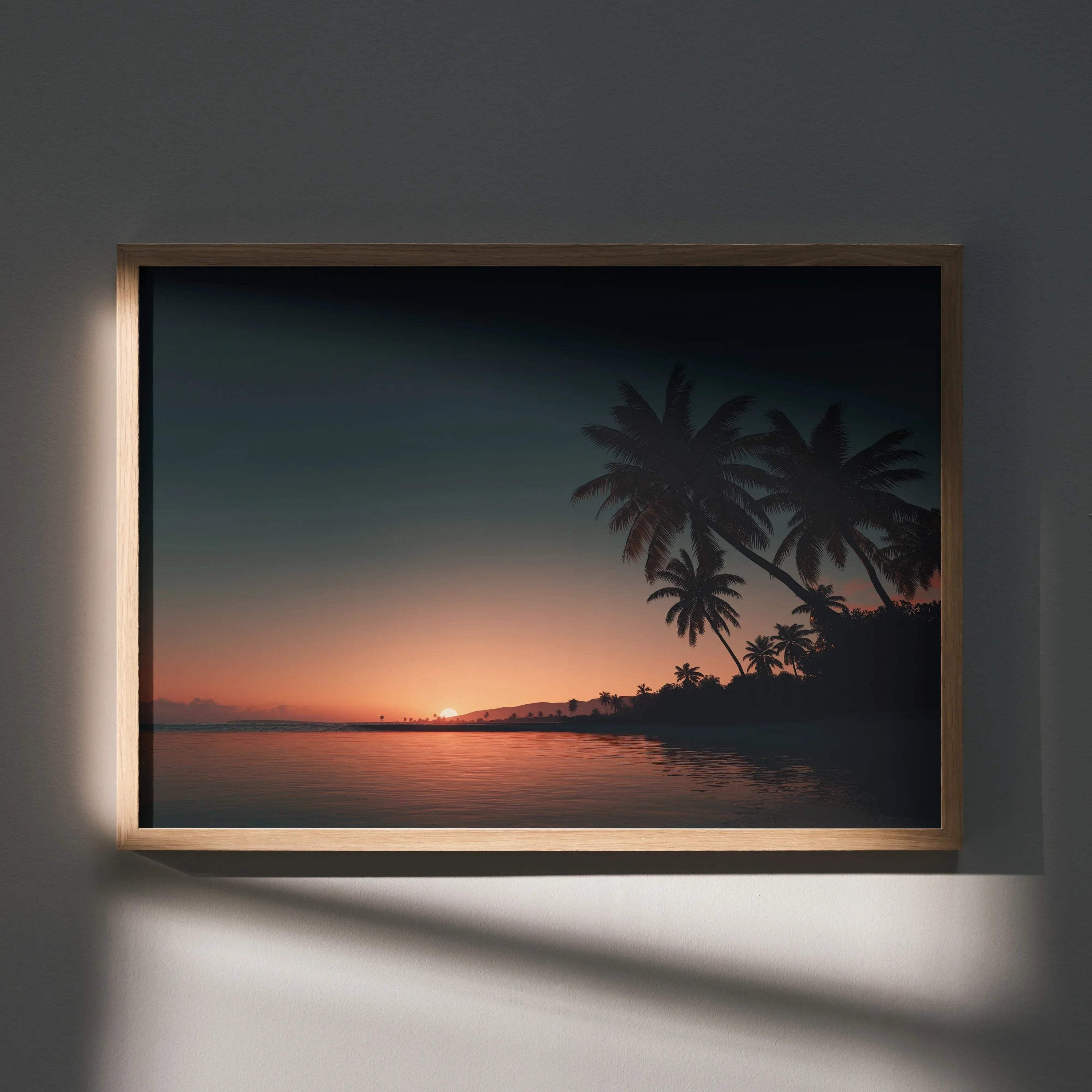 Sunset ocean digital art poster with silhouetted palm trees and warm glowing horizon wall art.
