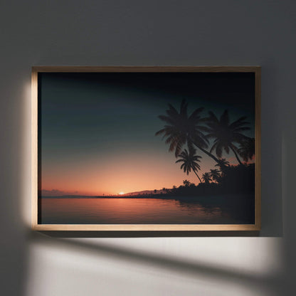Sunset ocean digital art poster with silhouetted palm trees and warm glowing horizon wall art.
