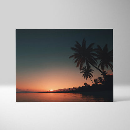 Sunset beach scene with silhouetted palm trees on canvas wall art print.