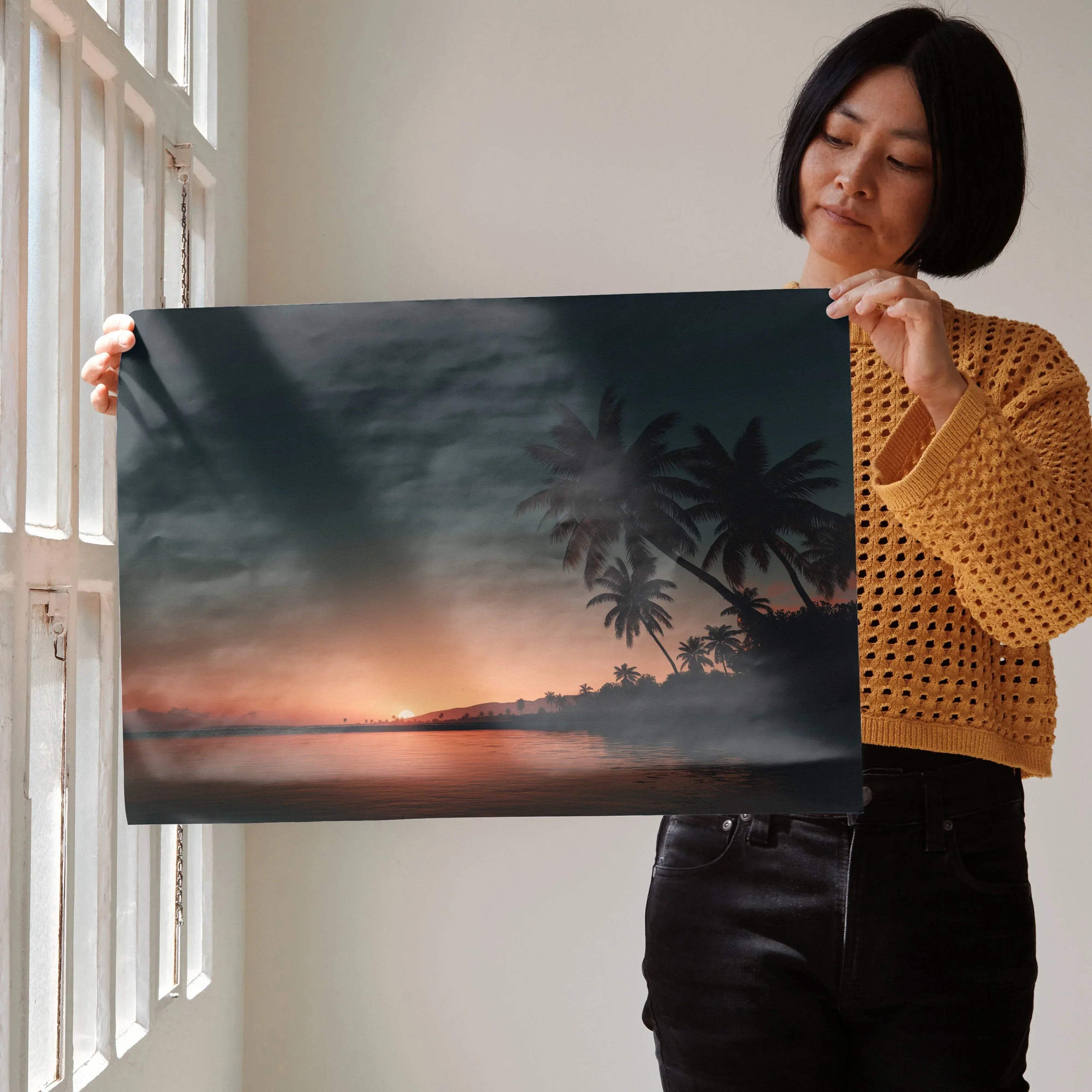 Sunset ocean poster with silhouetted palm trees and dark clouds wall art.