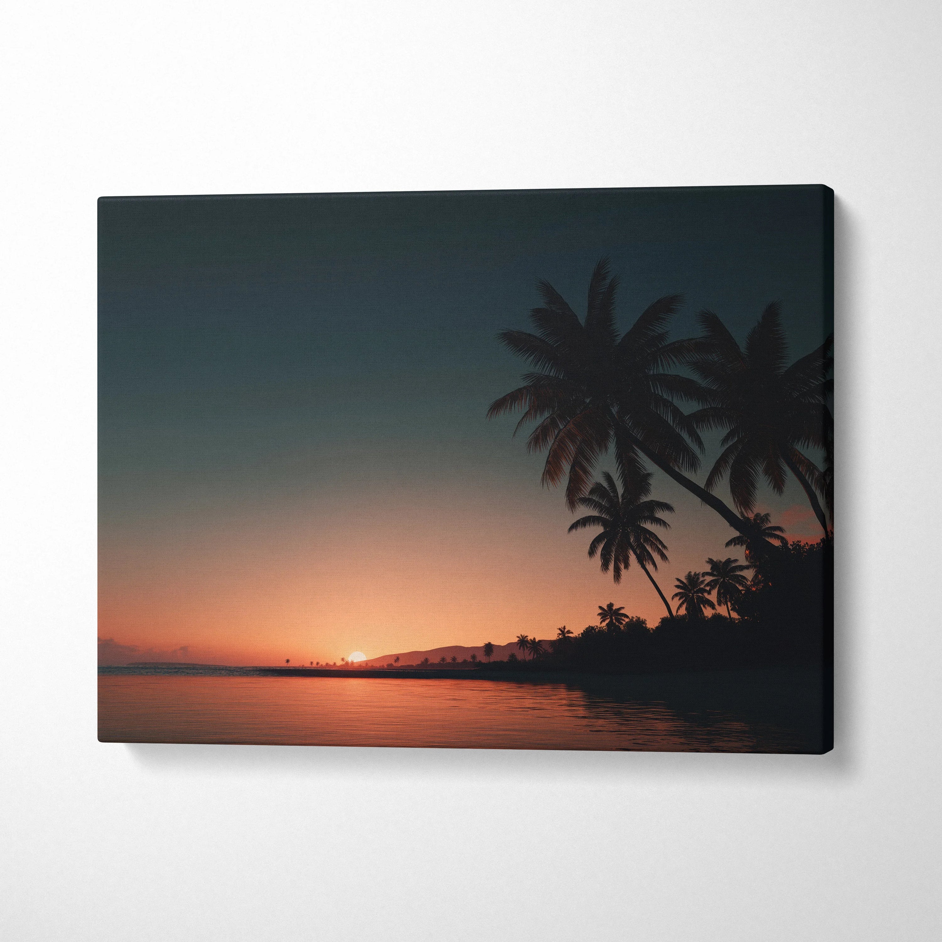 Canvas wall art featuring a serene beach sunset with silhouetted palm trees and calm ocean water.