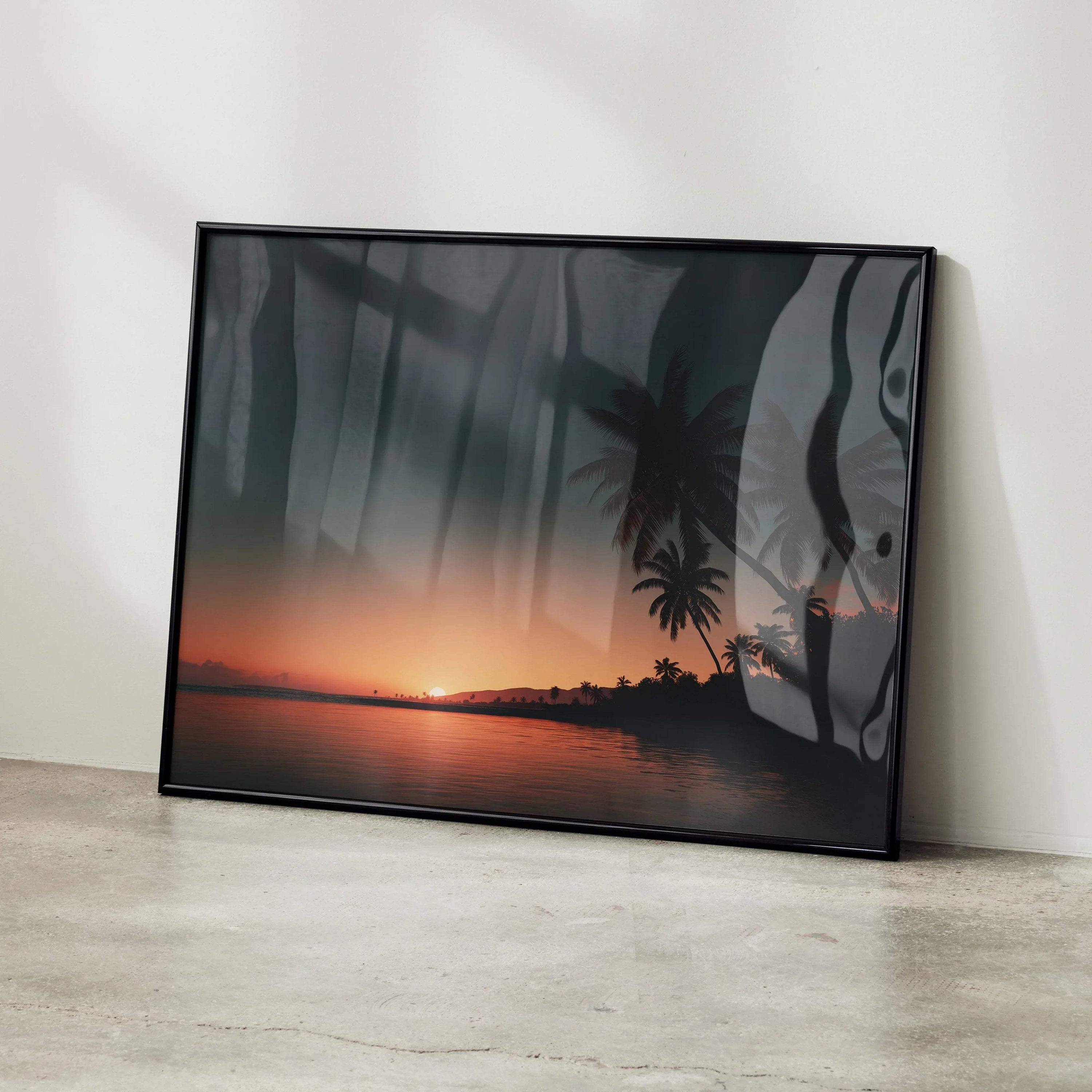 Sunset ocean poster with silhouetted palm trees and warm orange sky wall art.