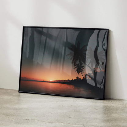 Sunset ocean poster with silhouetted palm trees and warm orange sky wall art.