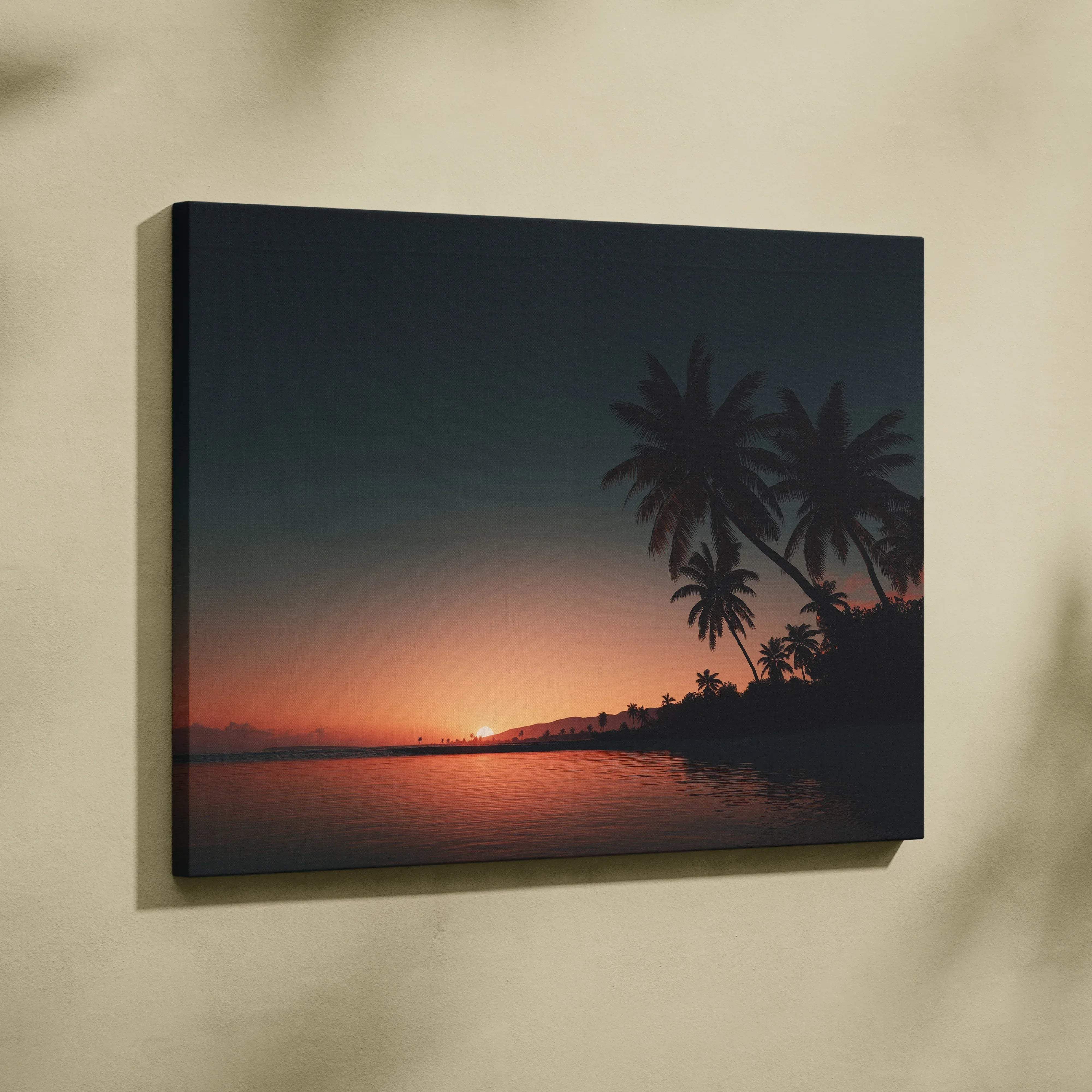 Rectangular canvas print of tranquil sunset beach scene with silhouetted palm trees and warm golden hour colors