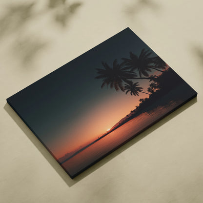 Sunset beach scene with palm trees silhouette on canvas wall art print.