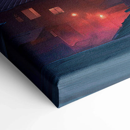 Dark blue canvas print of dogs on rooftops over neon city under Milky Way