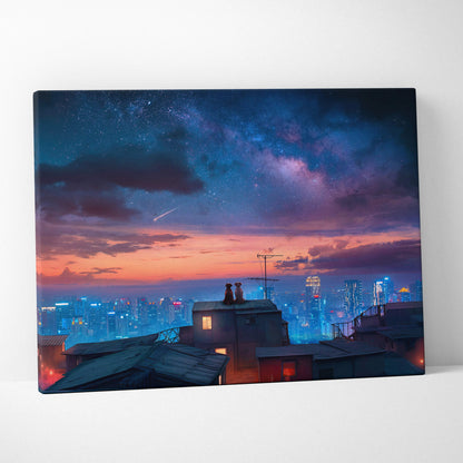 Cinematic surreal canvas of dogs on rooftop overlooking neon city at dusk