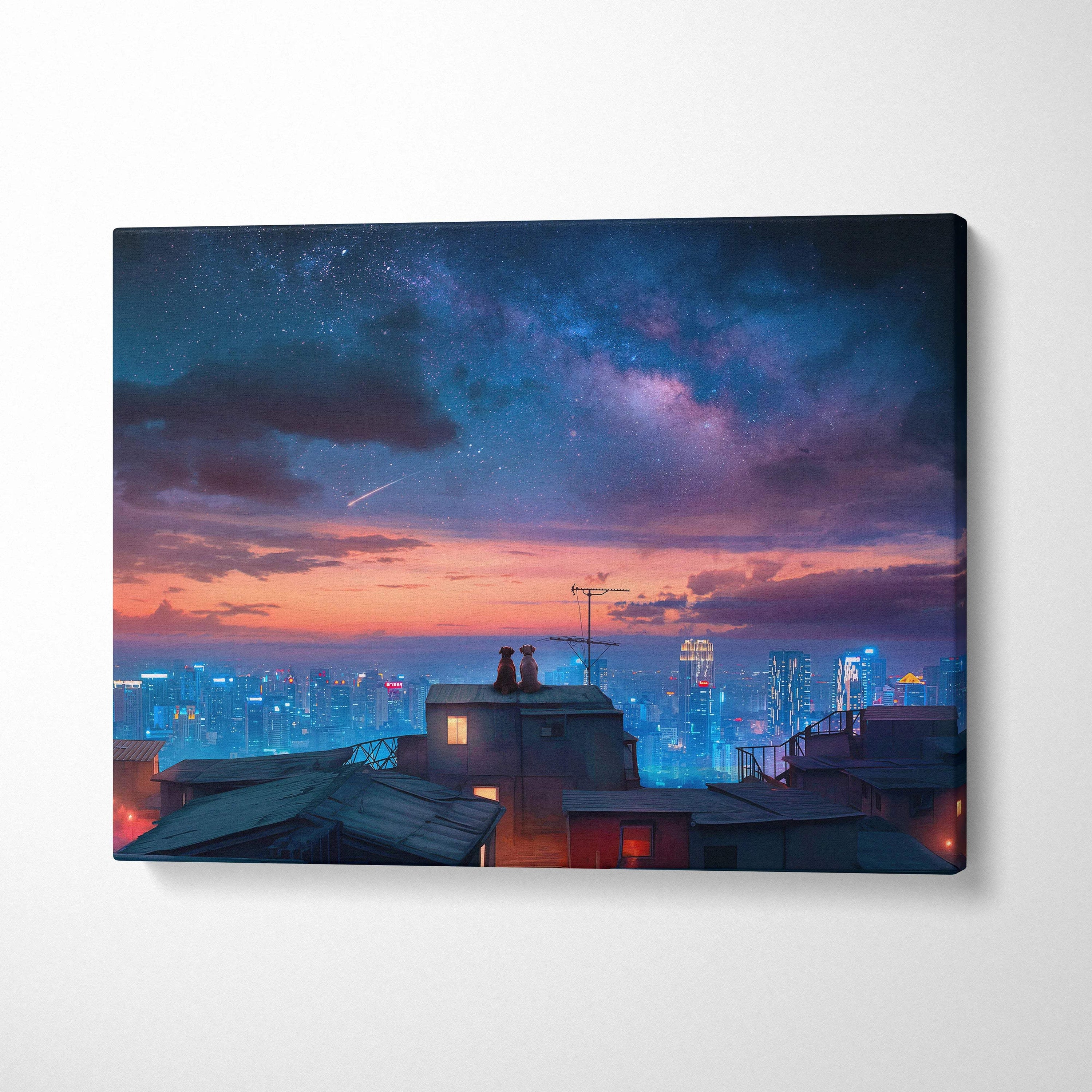 Cinematic surreal canvas art of dogs on rooftops over neon city at dusk under Milky Way