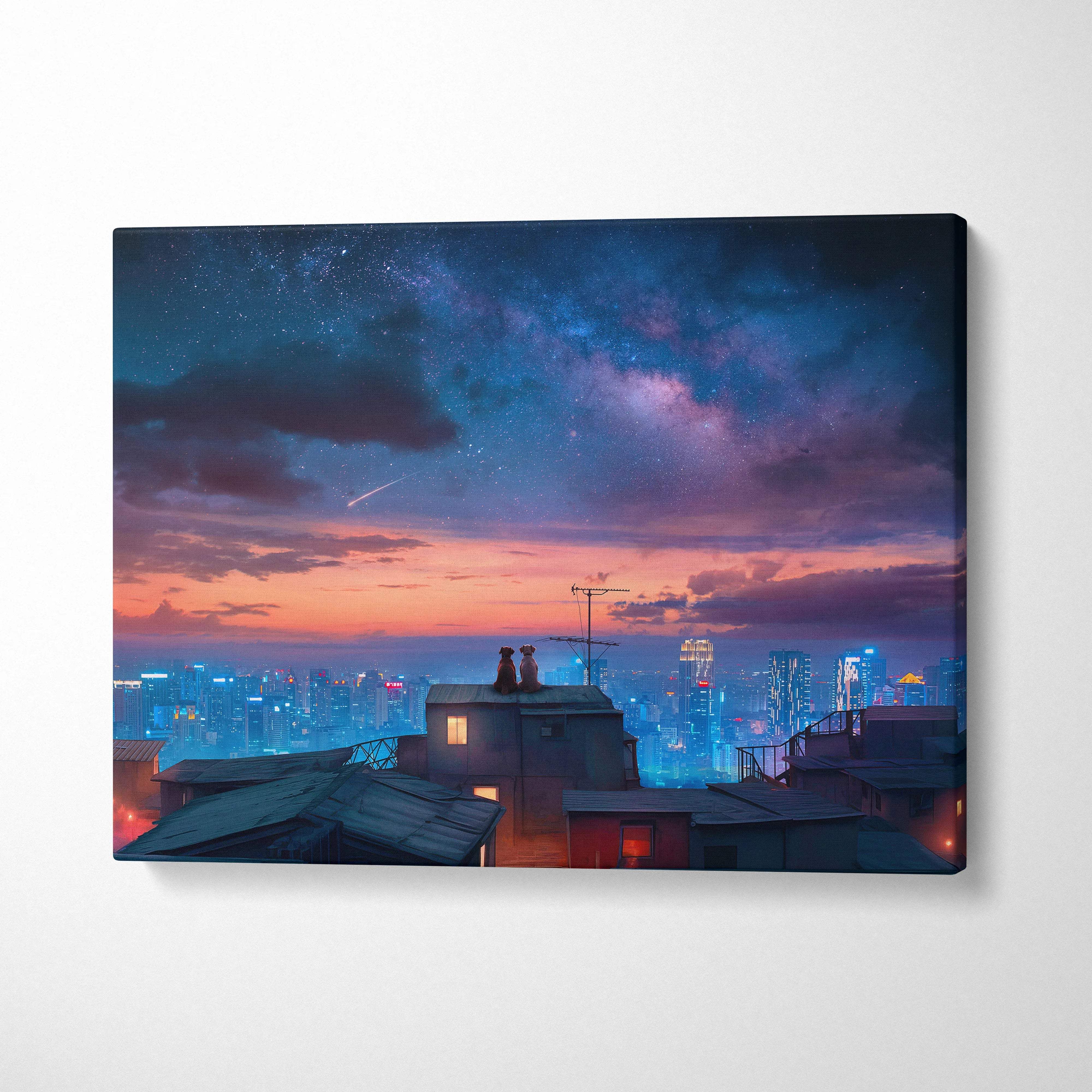 Cinematic surreal canvas art of dogs on rooftops over neon city at dusk under Milky Way