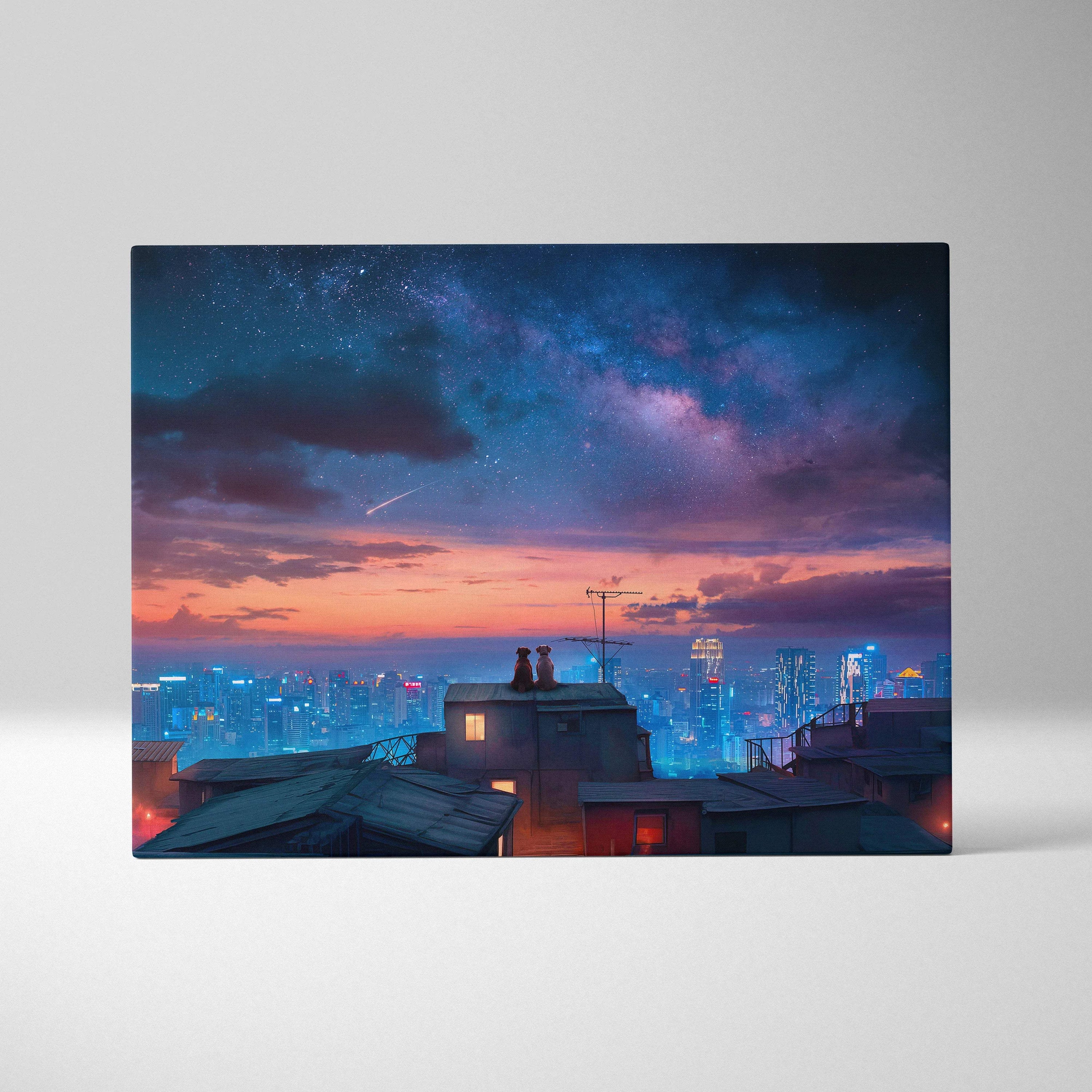 Cinematic dogs on rooftops overlooking neon city at dusk canvas print