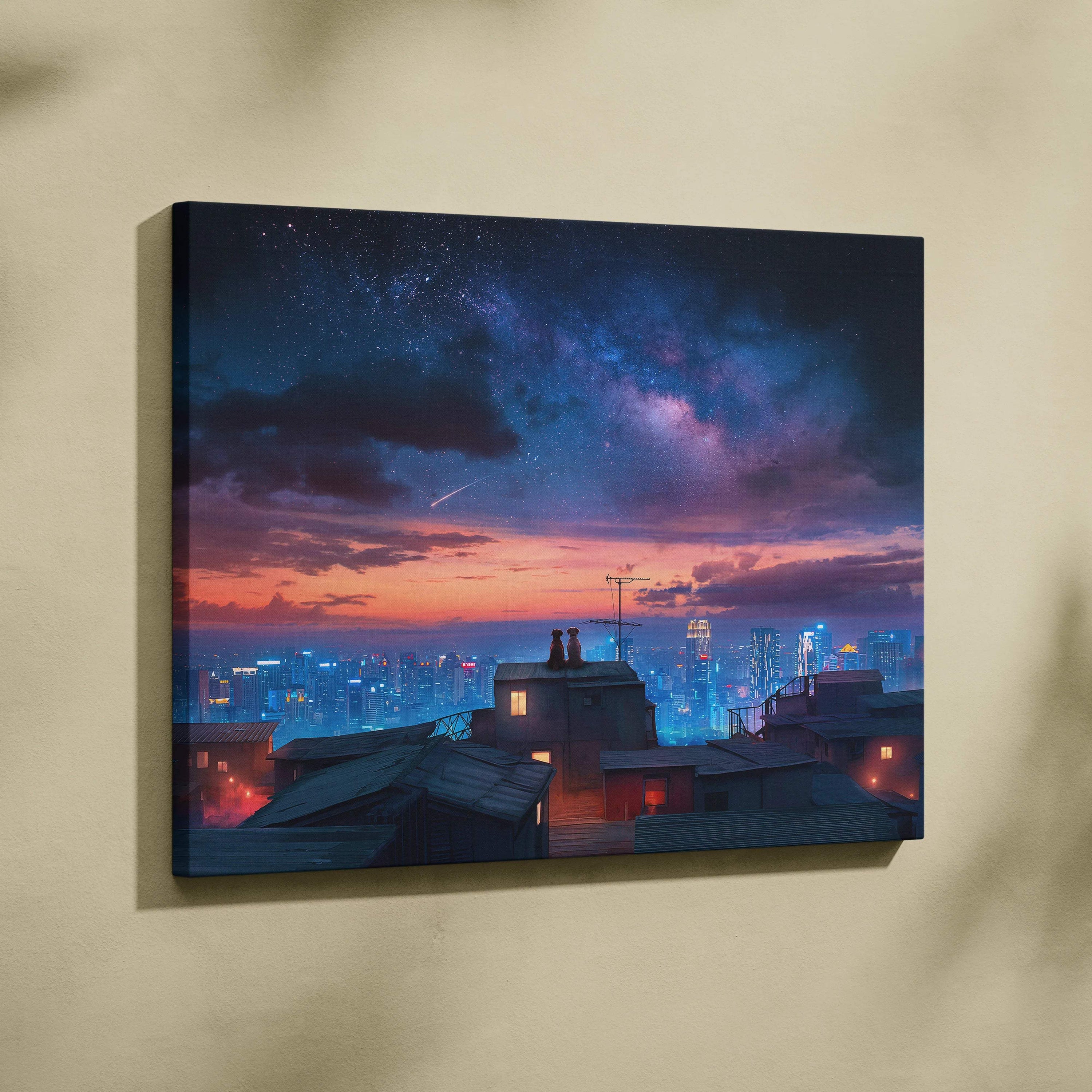 Cinematic surreal canvas of dogs on rooftops over neon city under purple orange Milky Way sky