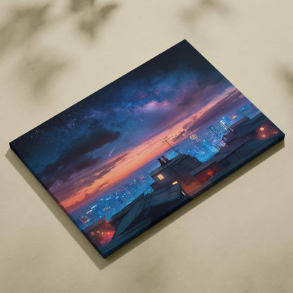 Cinematic surreal canvas print of dogs on rooftops over neon city at dusk