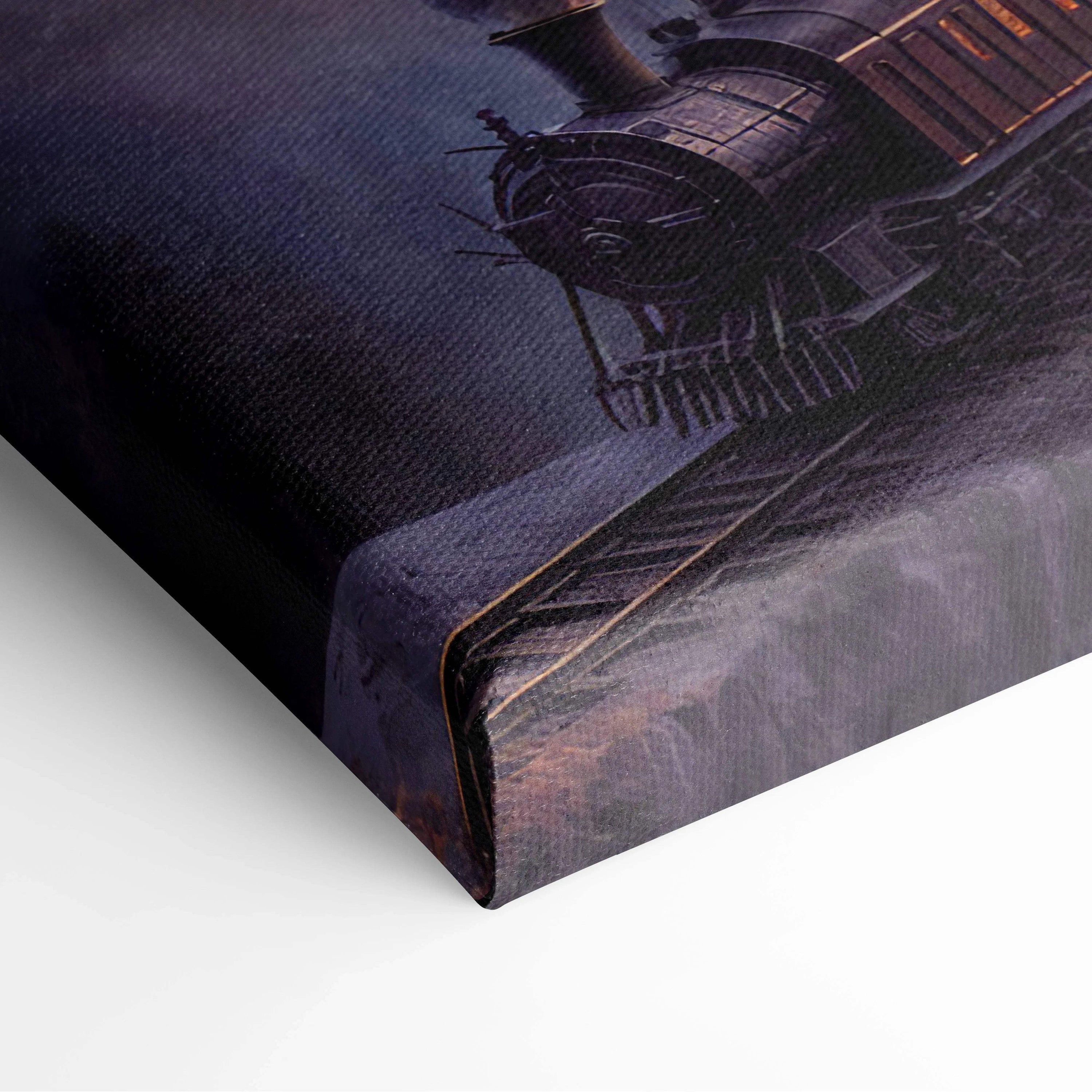 Dark canvas print of fantasy dragon over castle with steam train at sunset