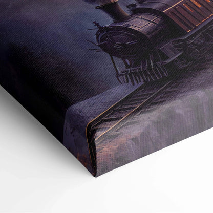Dark canvas print of fantasy dragon over castle with steam train at sunset