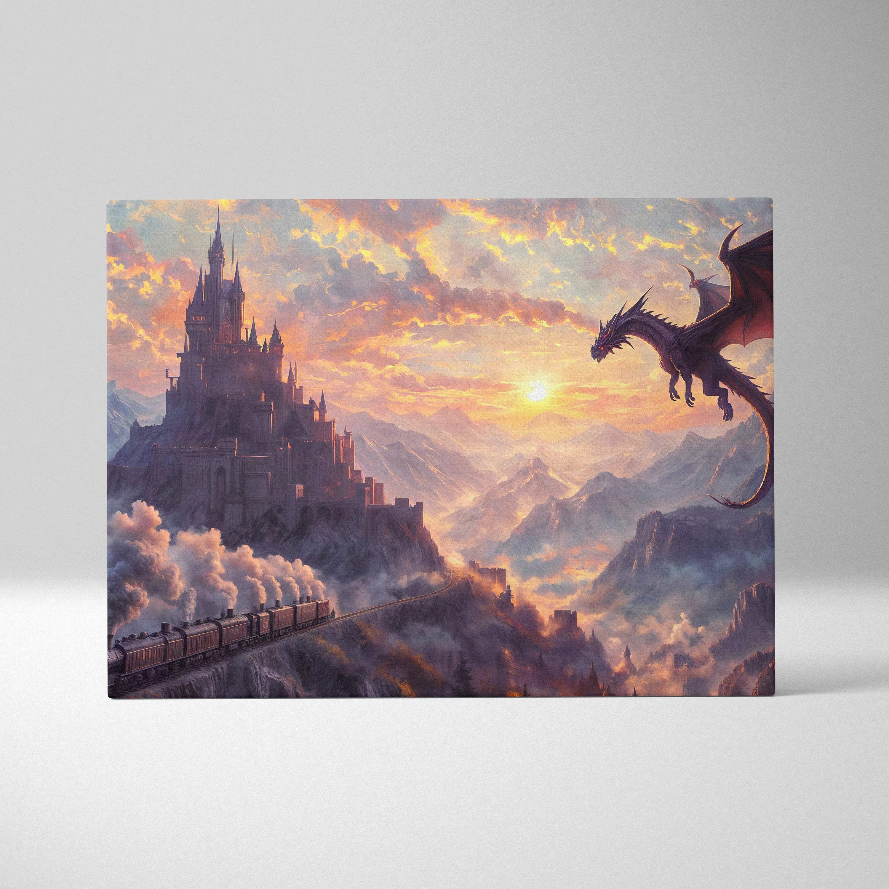 Epic fantasy dragon soaring over mountain castle with steam train at sunset canvas art