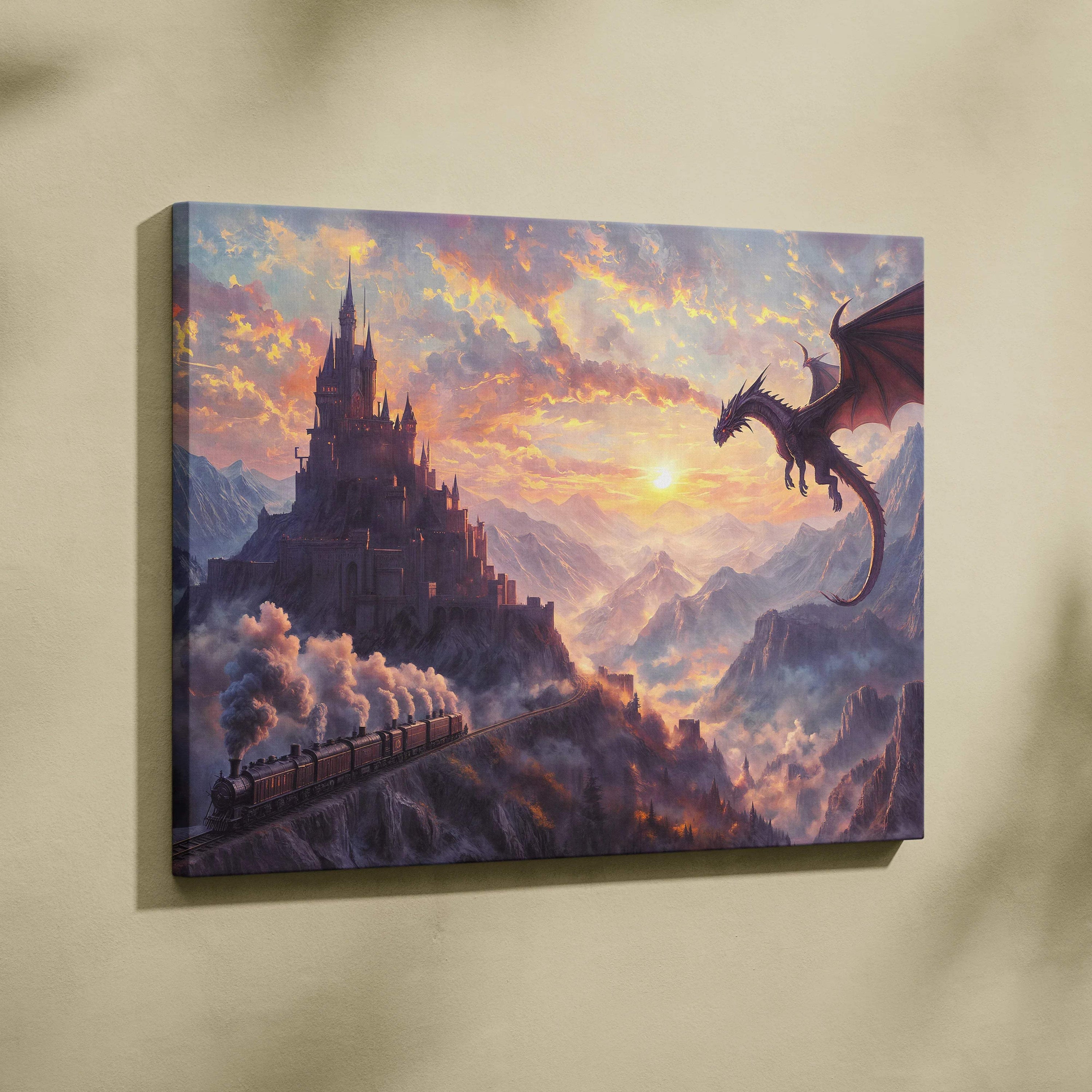 Epic fantasy dragon soaring over mountain castle with steam train at sunset canvas art