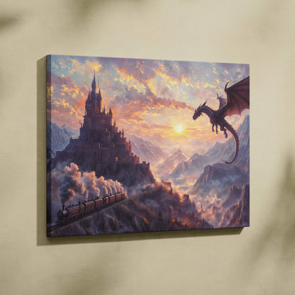 Epic fantasy dragon soaring over mountain castle with steam train at sunset canvas art
