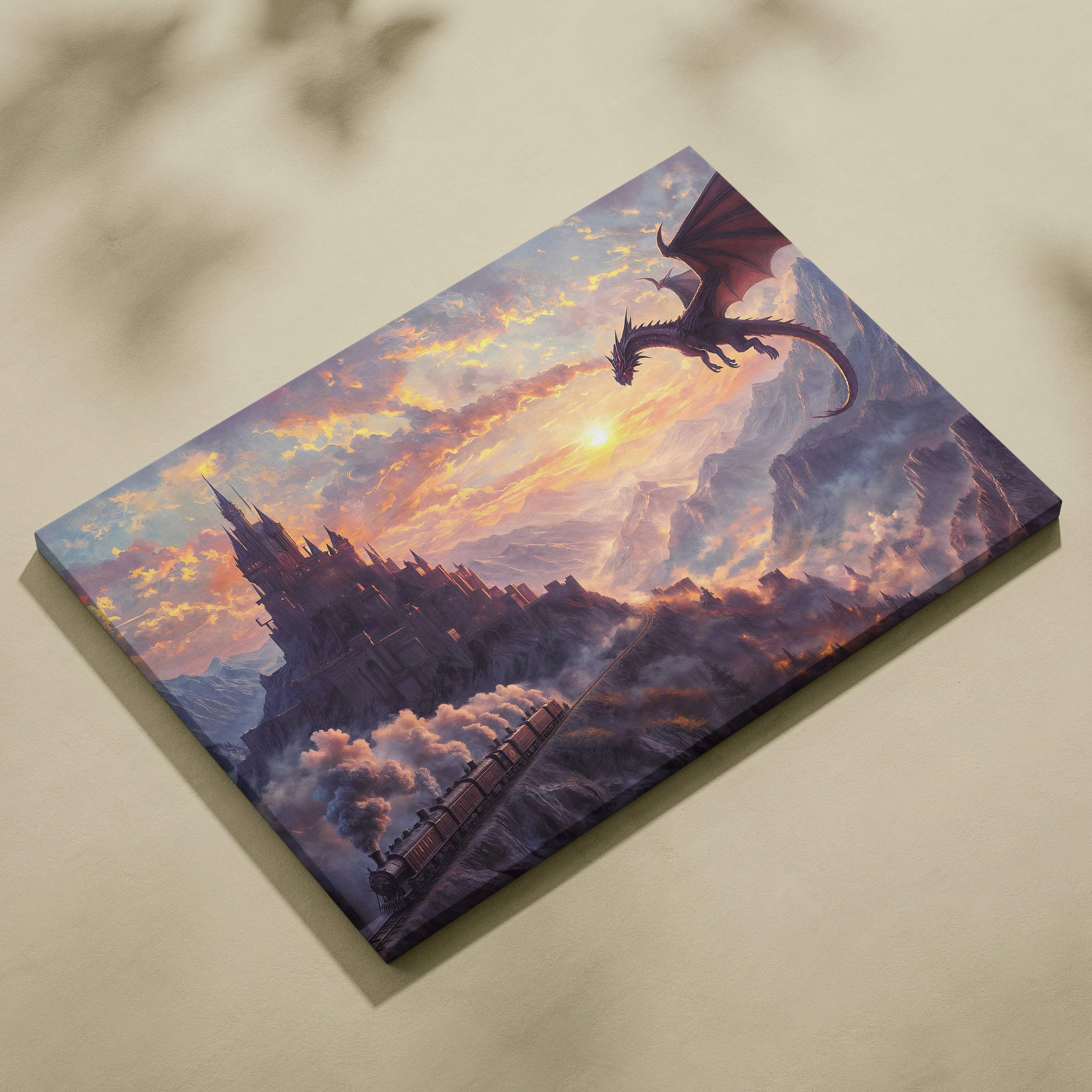 Epic fantasy dragon soaring over mountain castle with steam train at sunset canvas art