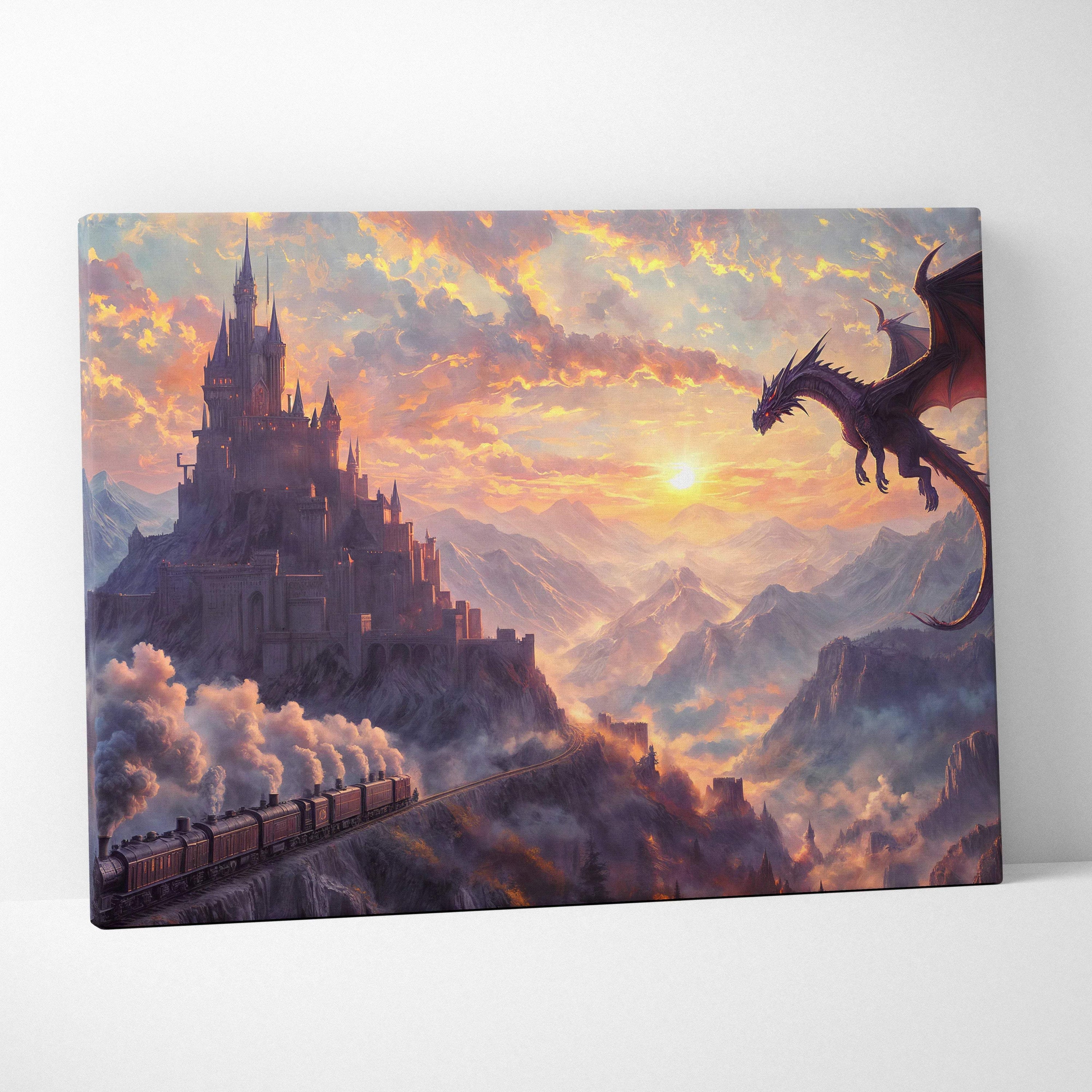 Epic fantasy dragon soaring over mountain castle with steam train at sunset canvas