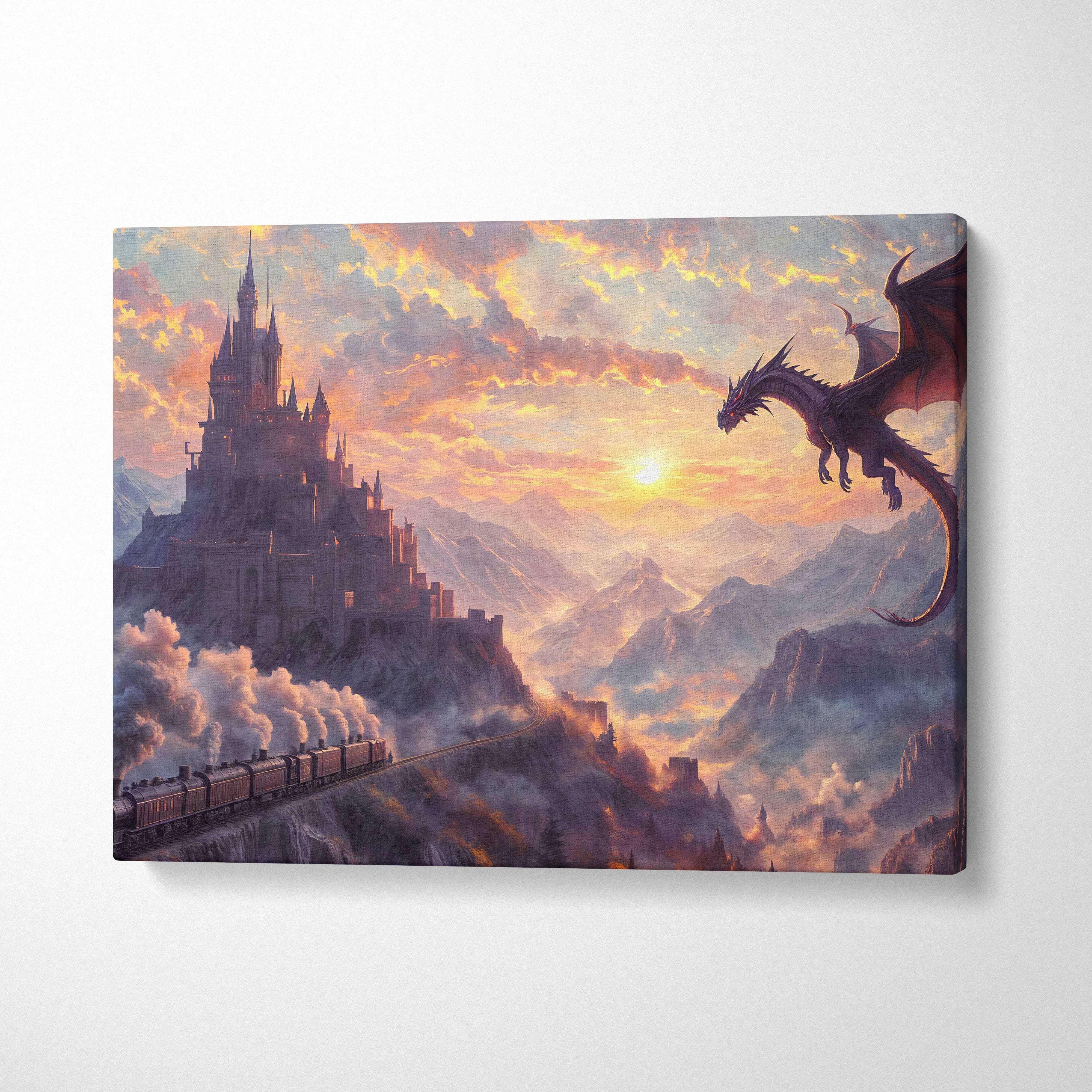 Epic fantasy dragon soaring over mountain castle with steam train at sunset canvas art