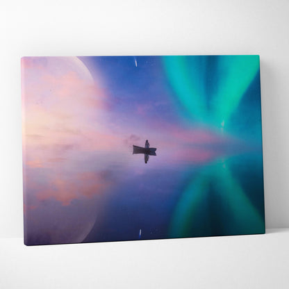 Dreamlike aurora borealis over calm water with lone boat figure canvas art