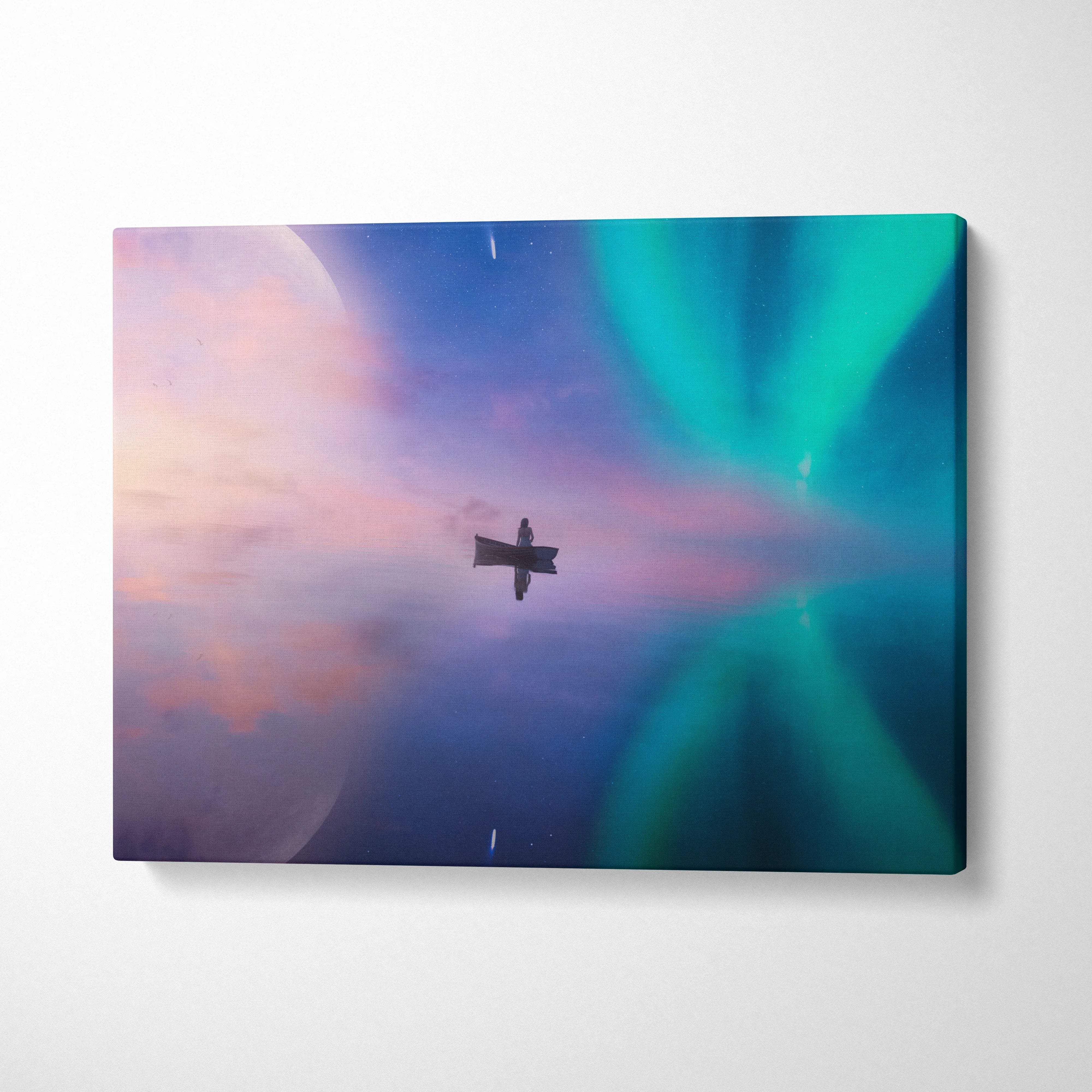 Surreal teal pink aurora canvas print with airplane silhouette over starry sky