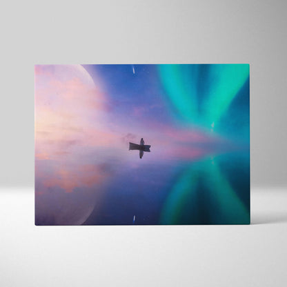Dreamlike aurora over calm water with lone figure in boat canvas print