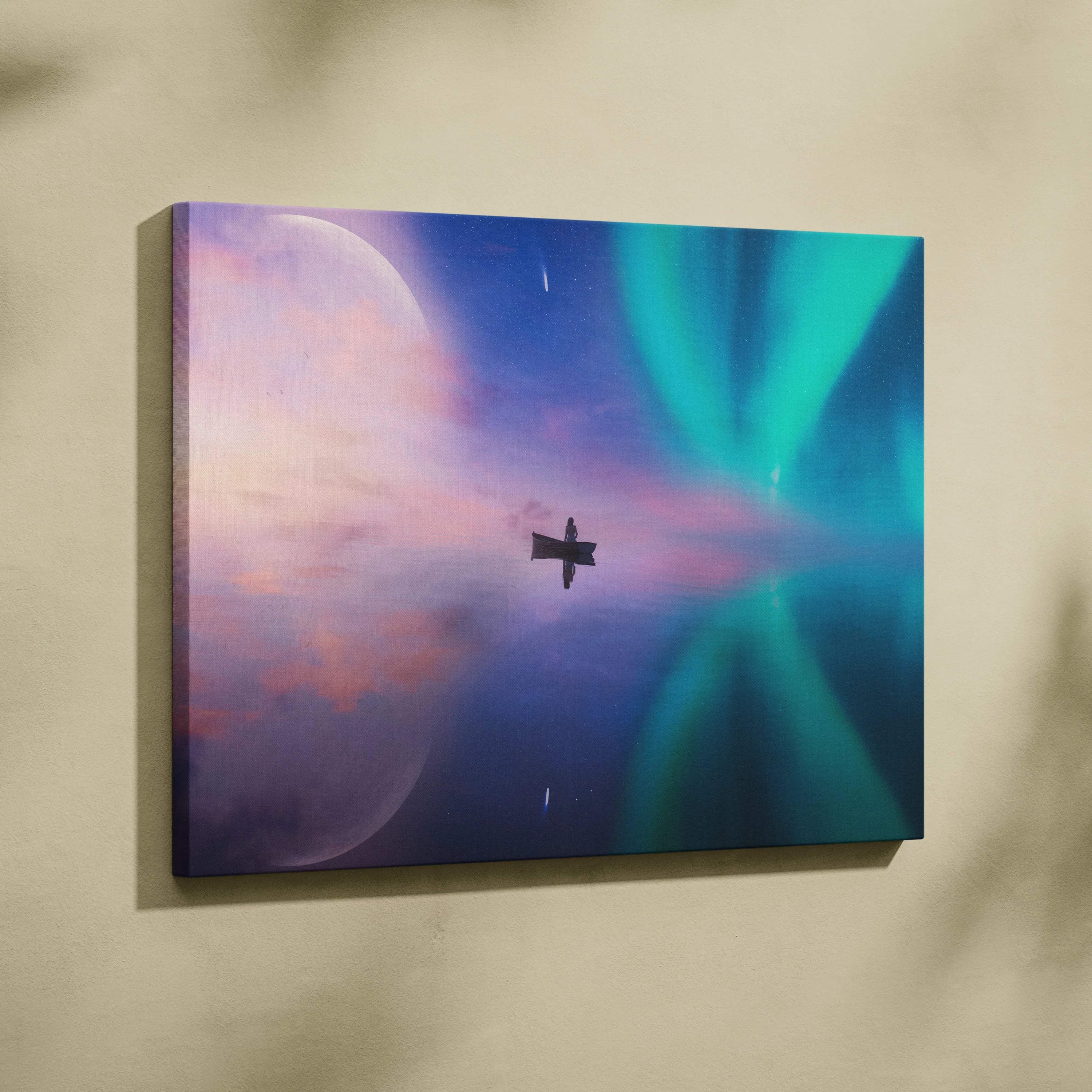 Dreamlike aurora over calm water with boat canvas wall art