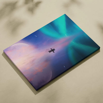 Vibrant aurora borealis canvas print with airplane over calm water