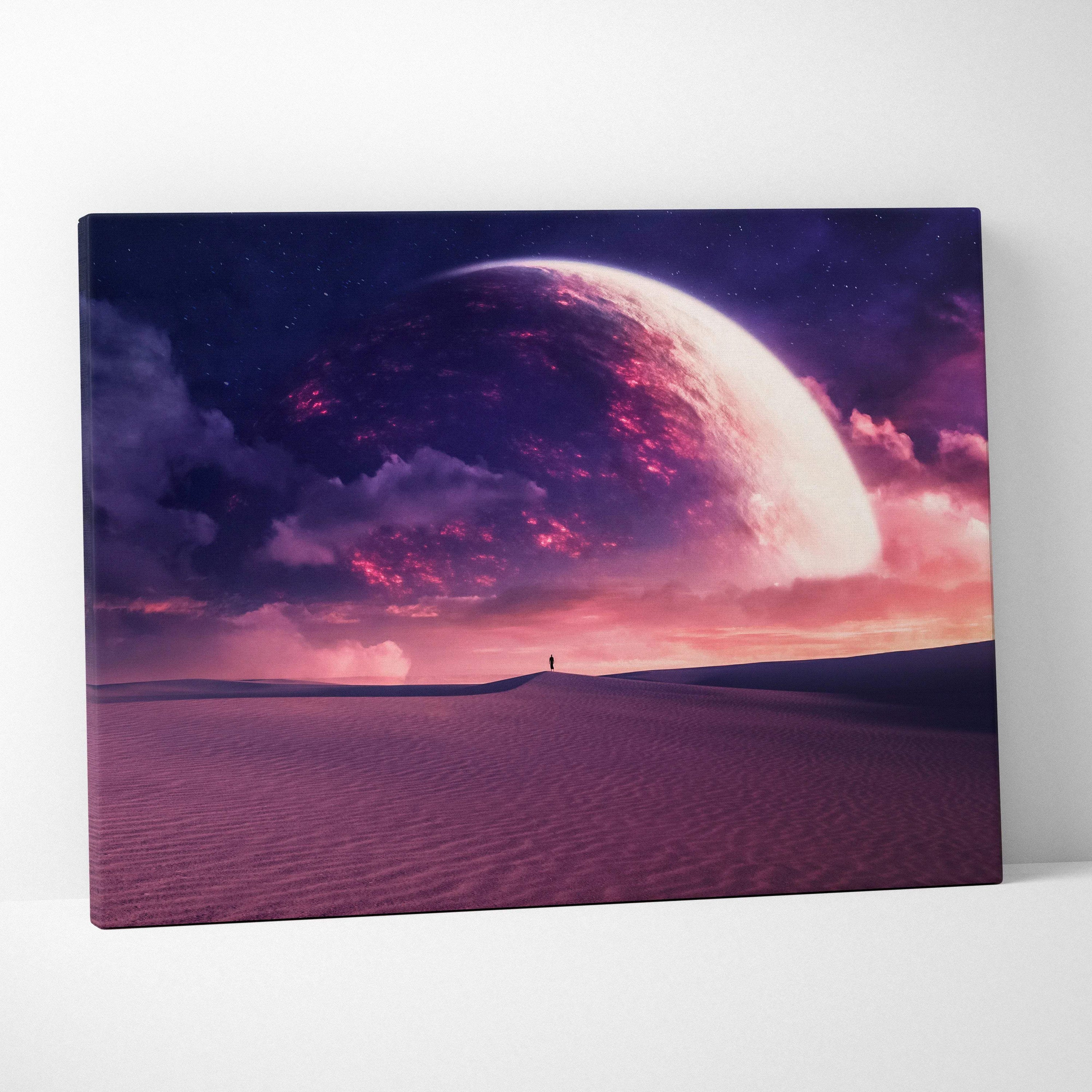 Surreal sci-fi canvas art: lone figure on alien desert under glowing purple planet