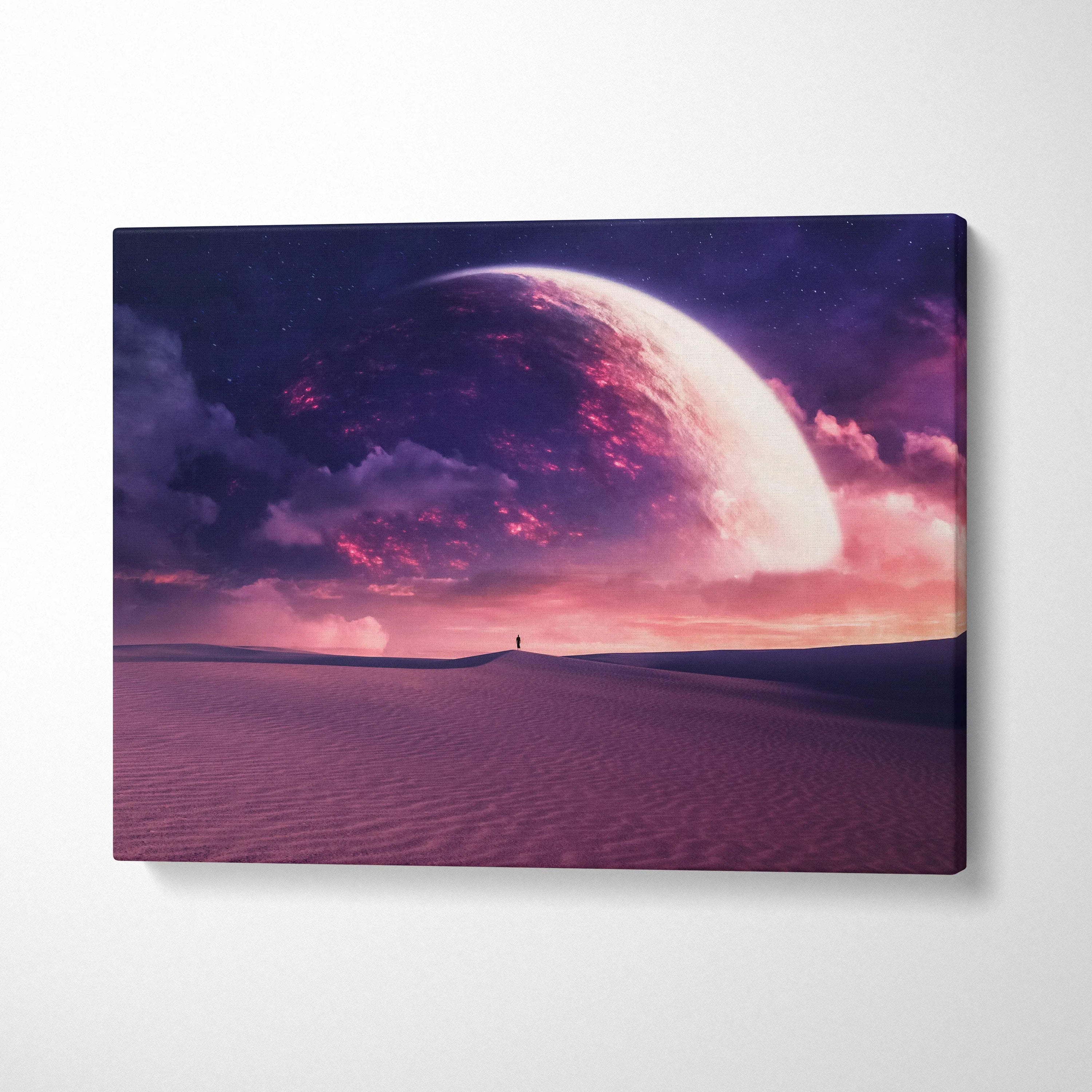 Surreal sci-fi canvas art of lone figure on alien desert under glowing purple planet