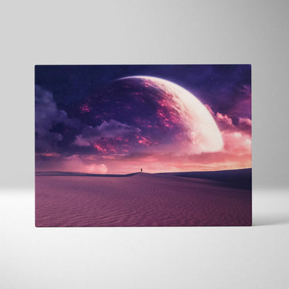 Surreal sci-fi canvas art of lone figure on alien desert under glowing purple planet