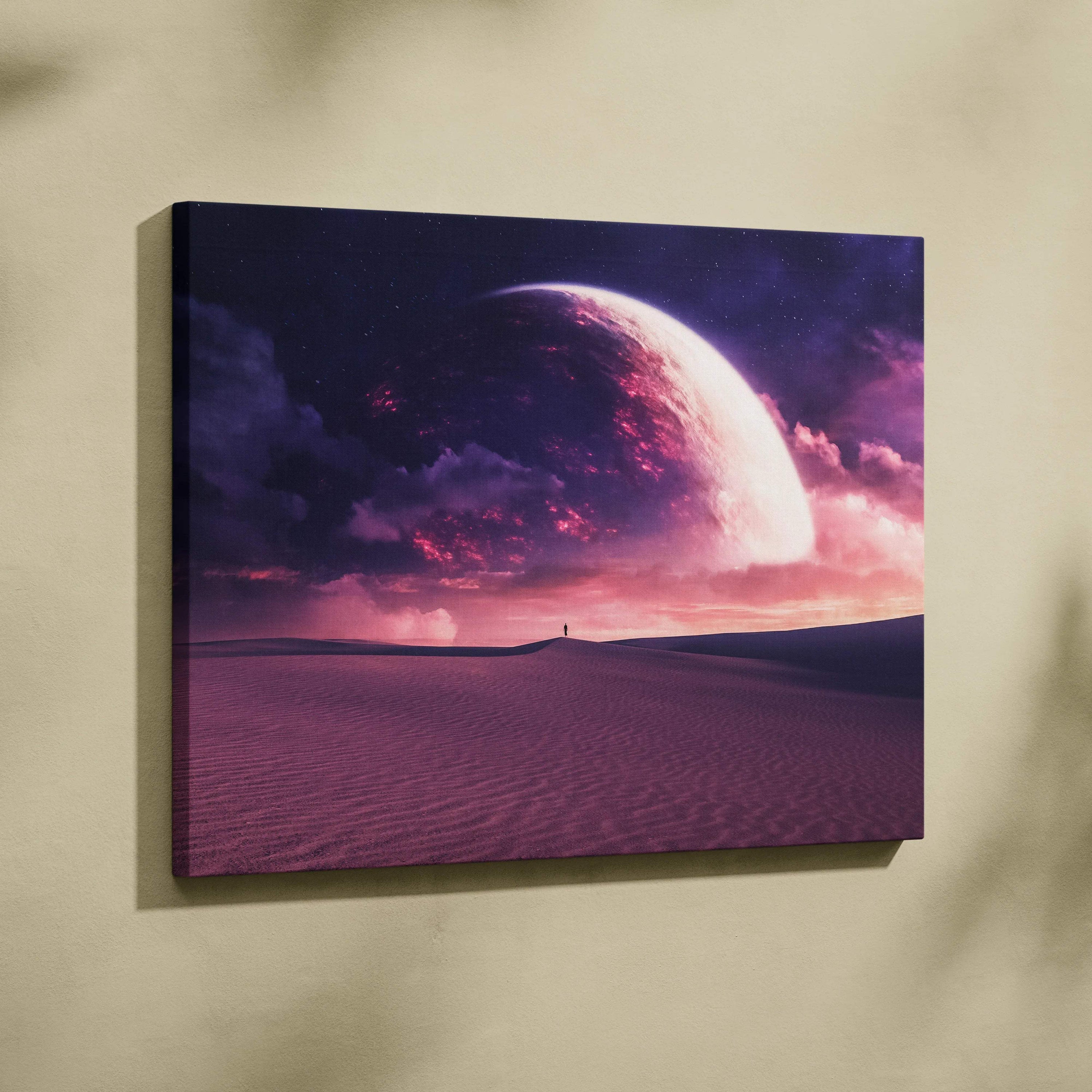 Purple pink sci-fi canvas print of lone figure on dunes under glowing planet