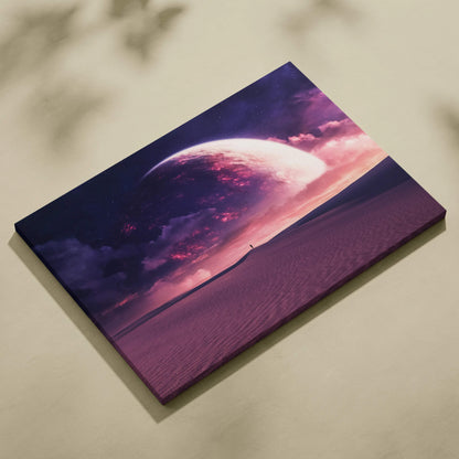 Surreal sci-fi canvas art: lone figure on alien desert under glowing purple planet