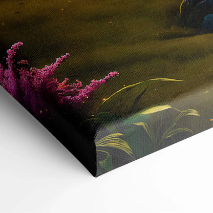 Epic fantasy celestial valley canvas art with purple flowers, teal blues, emerald greens, golds, lakes and mountains