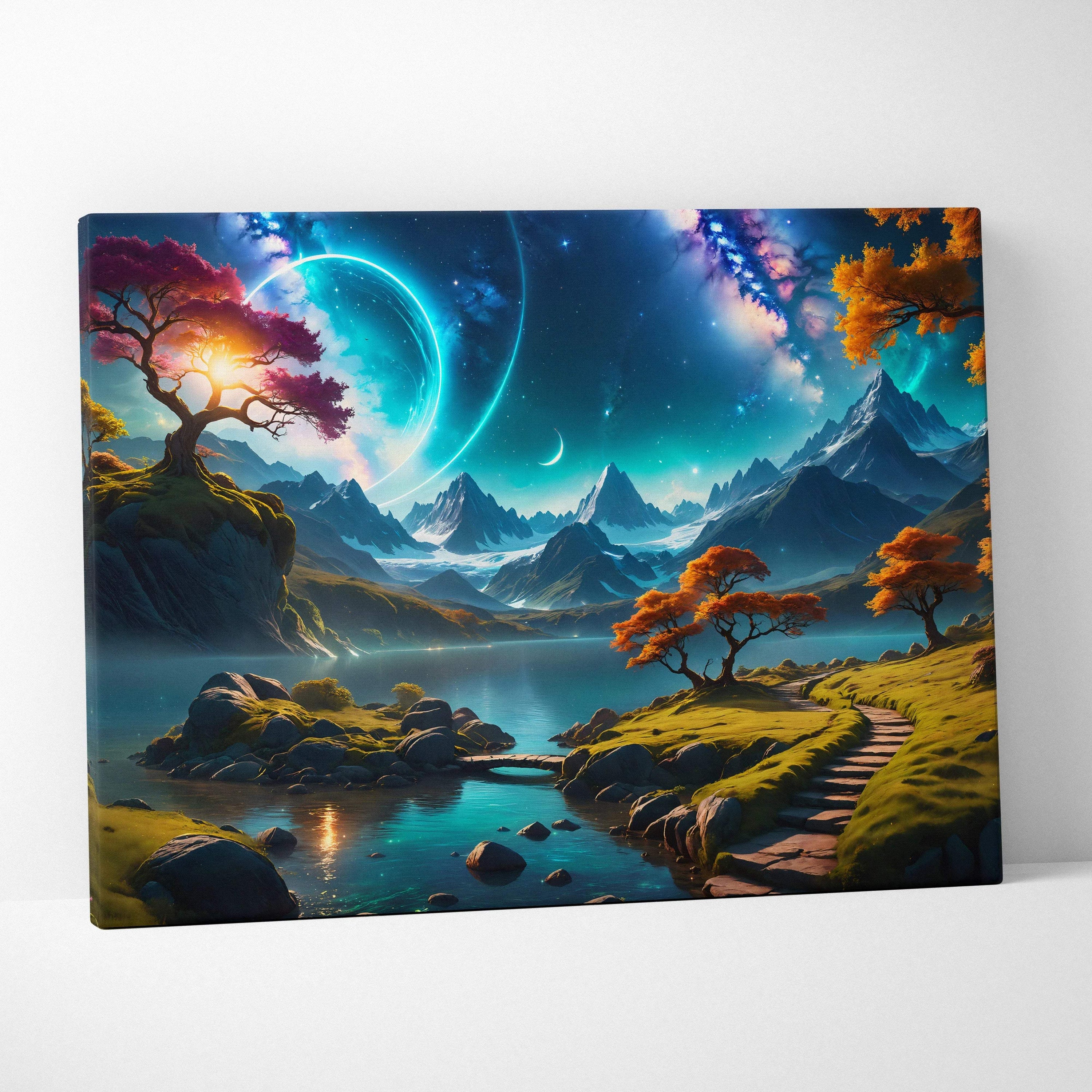 Epic fantasy canvas with glowing pink tree, starry sky, ringed planet, mountains