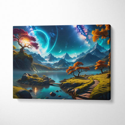 Epic fantasy canvas wall art of glowing blue ringed planet over teal emerald mountains and lakes
